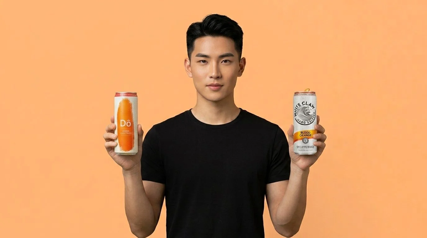 A young asian man in a black T-shirt holding two cans of Dô Asian Cocktails, one orange and one white, against an orange background.