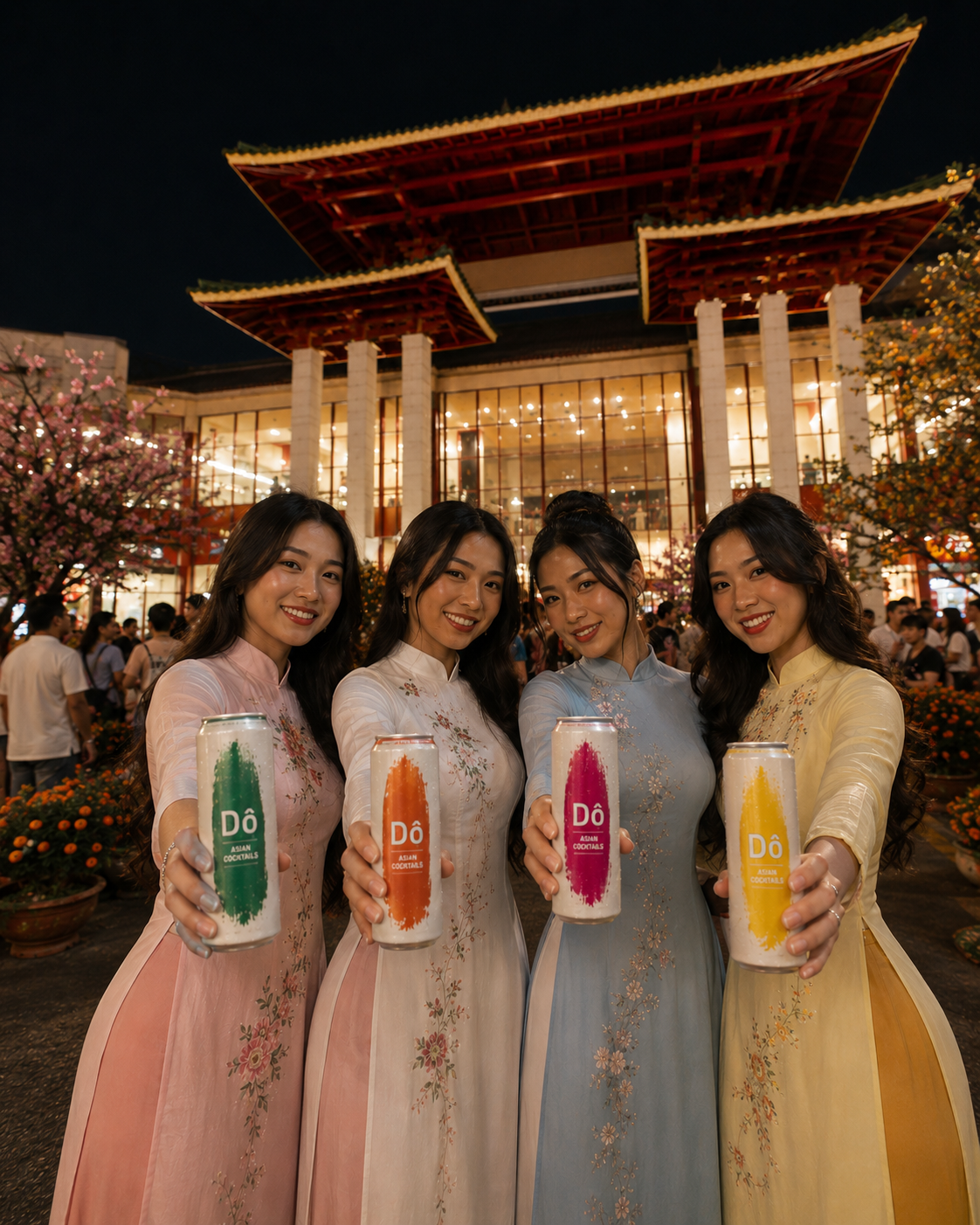 Four women in traditional Vietnamese dresses holding cans of Do Asian Cocktails at night, with a brightly lit building and springtime cherry blossoms in the background.