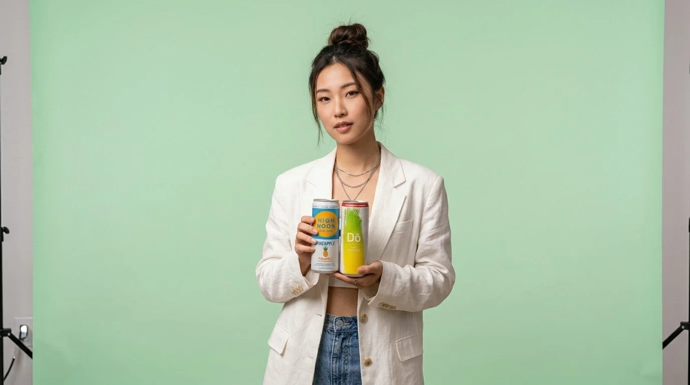 A young asian woman with long dark hair styled in a top knot, wearing a white blazer and jeans, stands against a green screen background holding three cans of Dô Asian Cocktails.