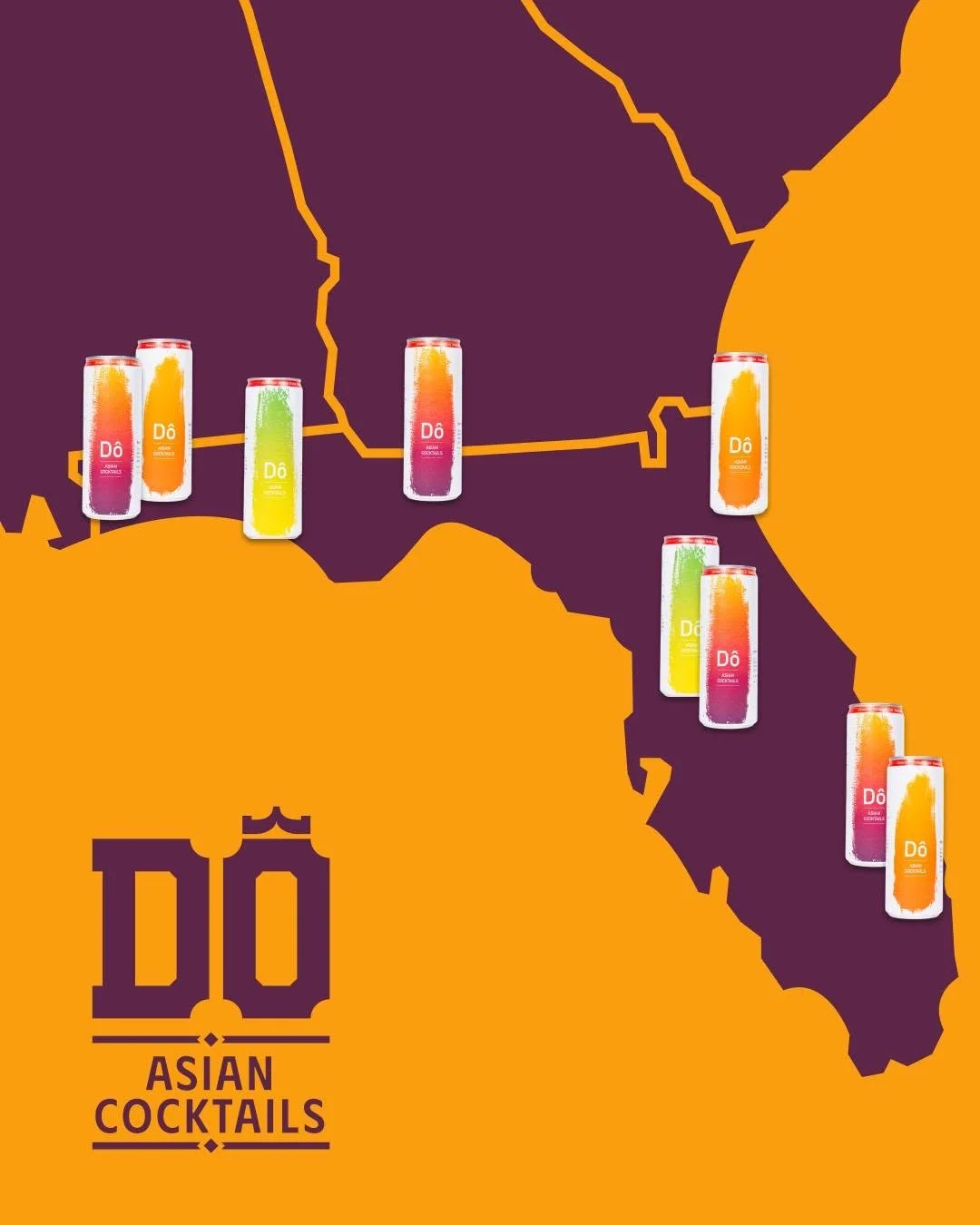 Map highlighting various locations in the Middle East and Asia with cans of Asian Cocktails placed at each location, and the Dô Asian Cocktails logo in the bottom left corner.