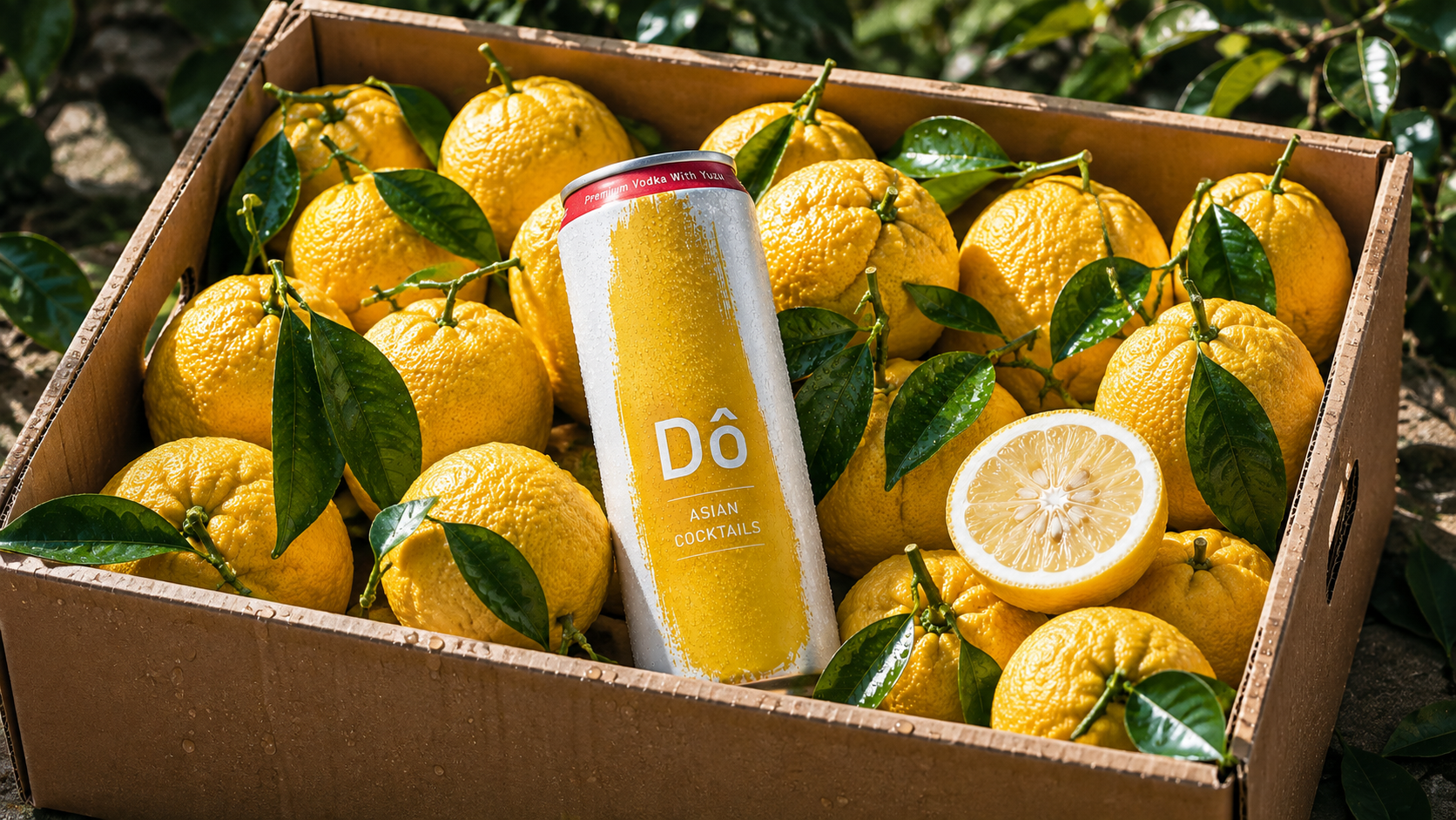 A cardboard box filled with yellow citrus fruits and green leaves, with a can of Dô Asian Cocktails and a sliced lemon showing the interior.