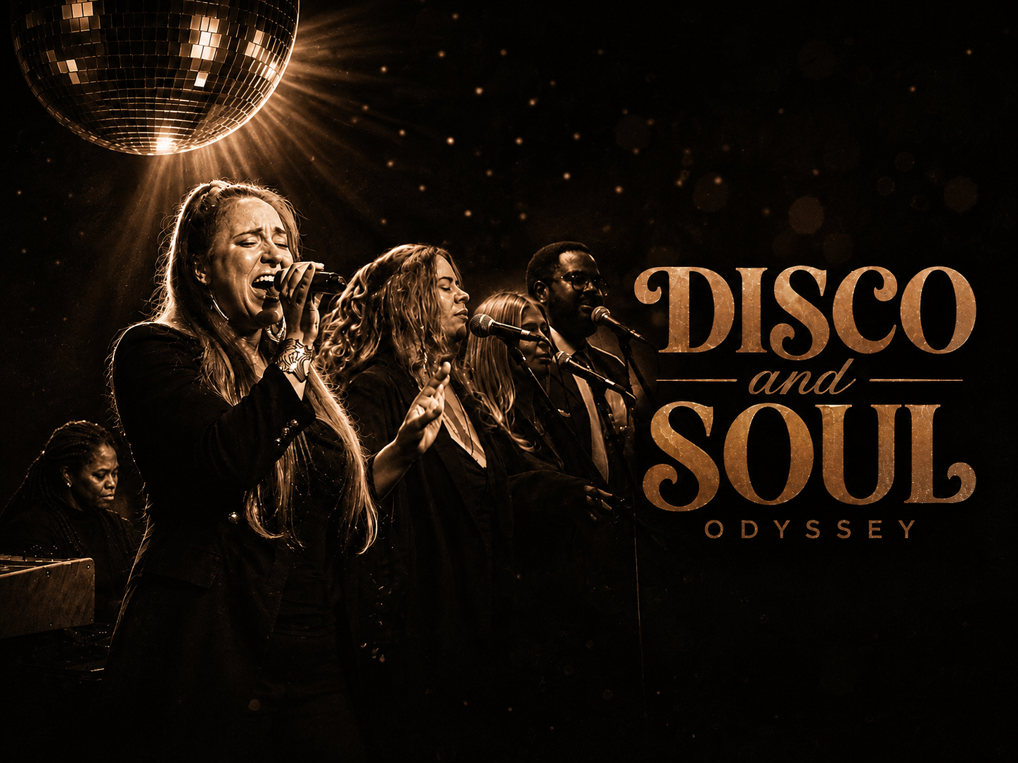 Group of singers performing with a disco ball hanging above them, and the text "Disco and Soul Odyssey" on the right side.