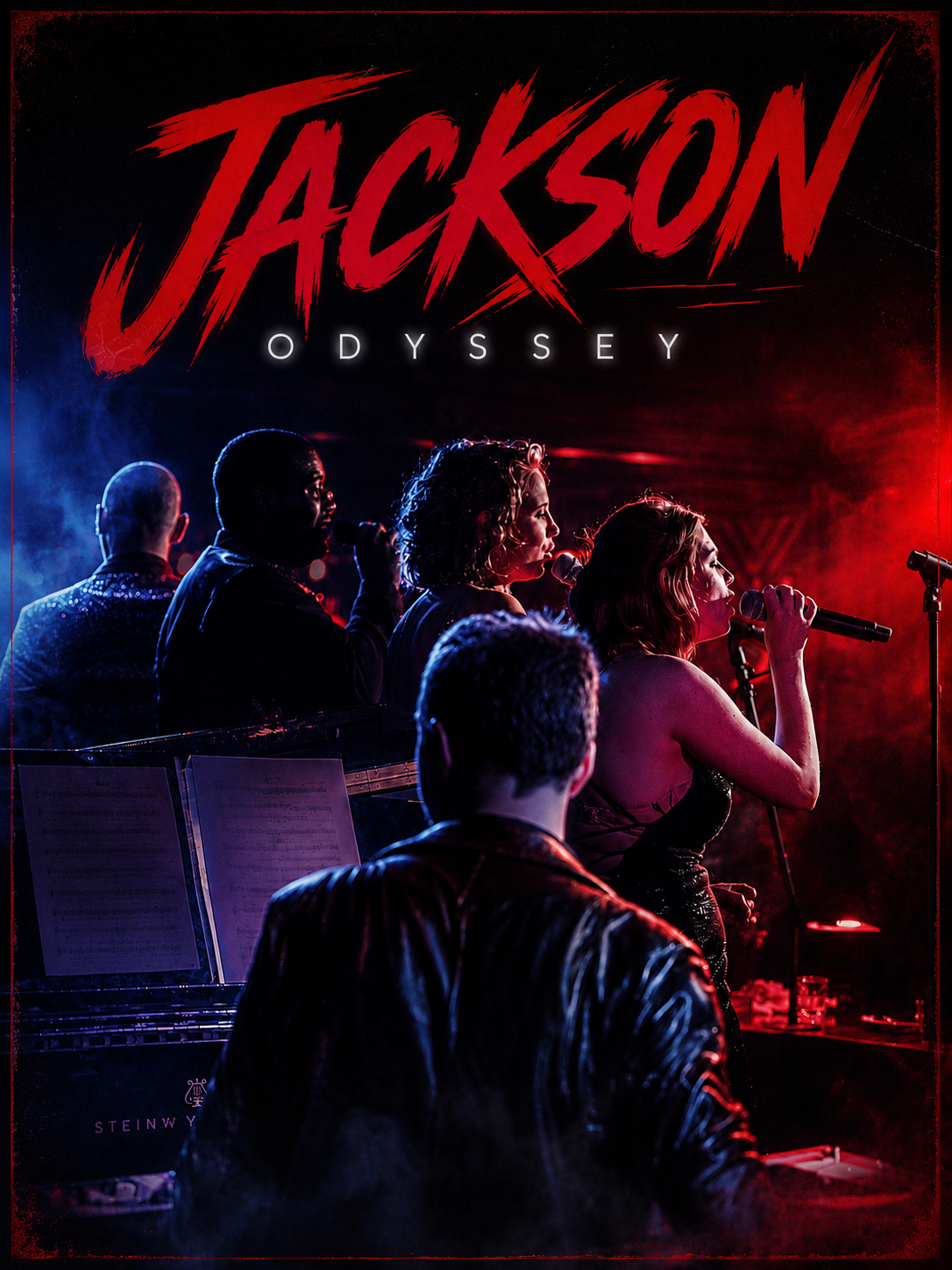 Poster for the show 'Jackson Odyssey' featuring a band performing on stage with red and blue lighting, and women singing into a microphone.