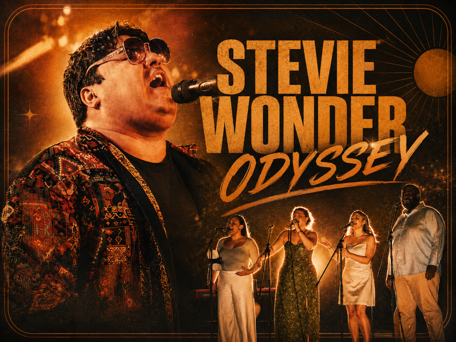 Poster for Steve Wonder's Odyssey concert with a large image of a singer singing into a microphone, four backup singers, and vibrant orange and black colours.