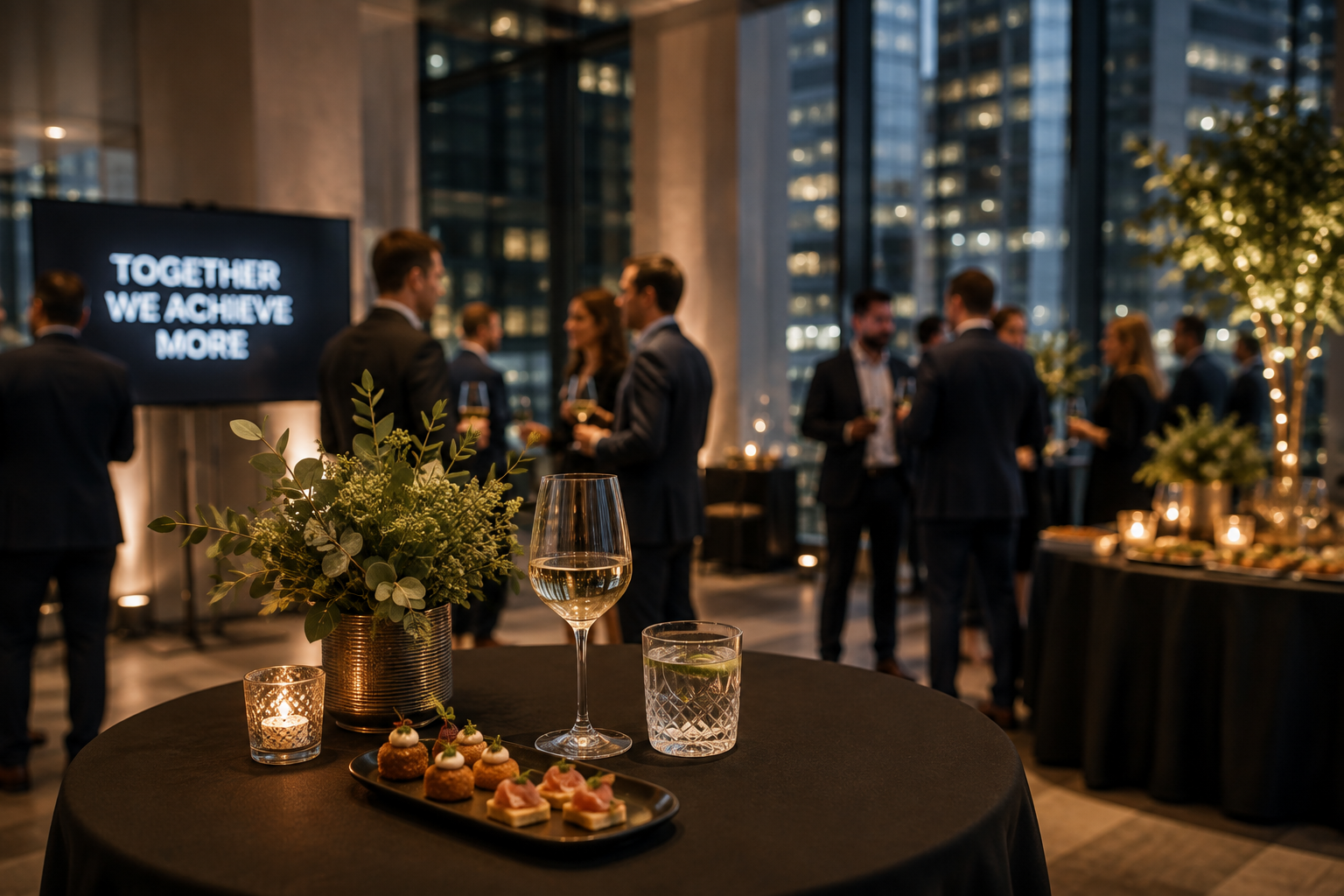 Elegant cocktail party in a high-rise building with city skyline views, featuring a table with a floral centerpiece, wine glass, water glass with lime, small plate of appetizers, and background of guests in formal attire mingling, illuminated by string lights and candles.