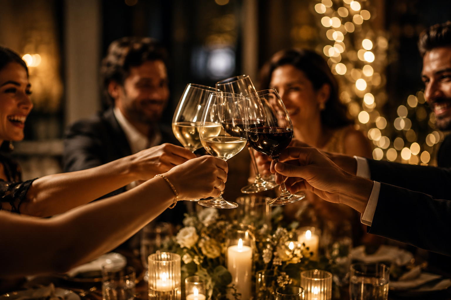 People raising wine glasses in a toast at a dinner party with warm lighting and candles.