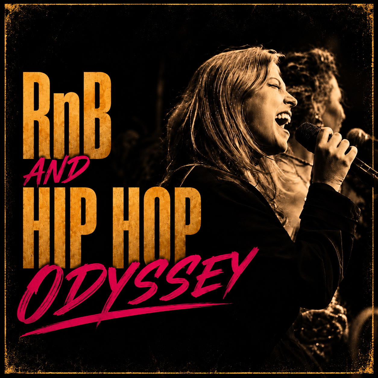 A woman singing into a microphone at a music event, with the text 'RnB AND HIP HOP ODYSSEY' in bold, colorful letters on a dark background.