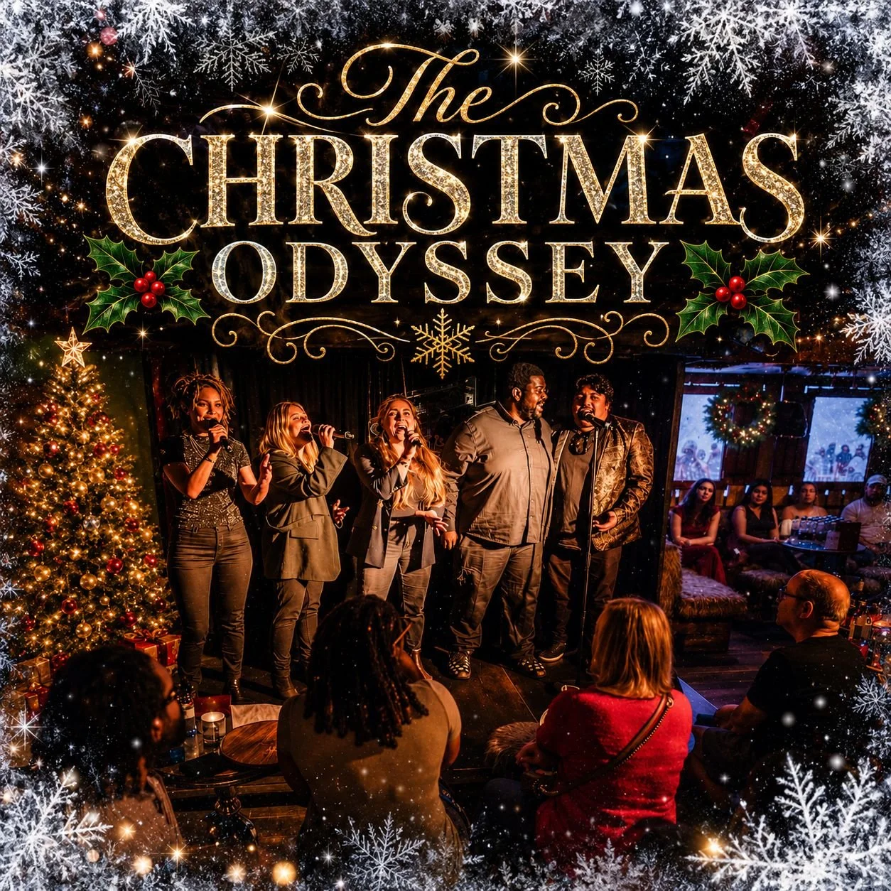 A promotional poster for 'The Christmas Odyssey' shows a holiday-themed scene with a group of five performers on stage singing into microphones. The scene is decorated with a Christmas tree, ornaments, and wreaths, and is set in a cozy venue with an audience watching. The poster features festive snowflakes and holly accents surrounding the title.