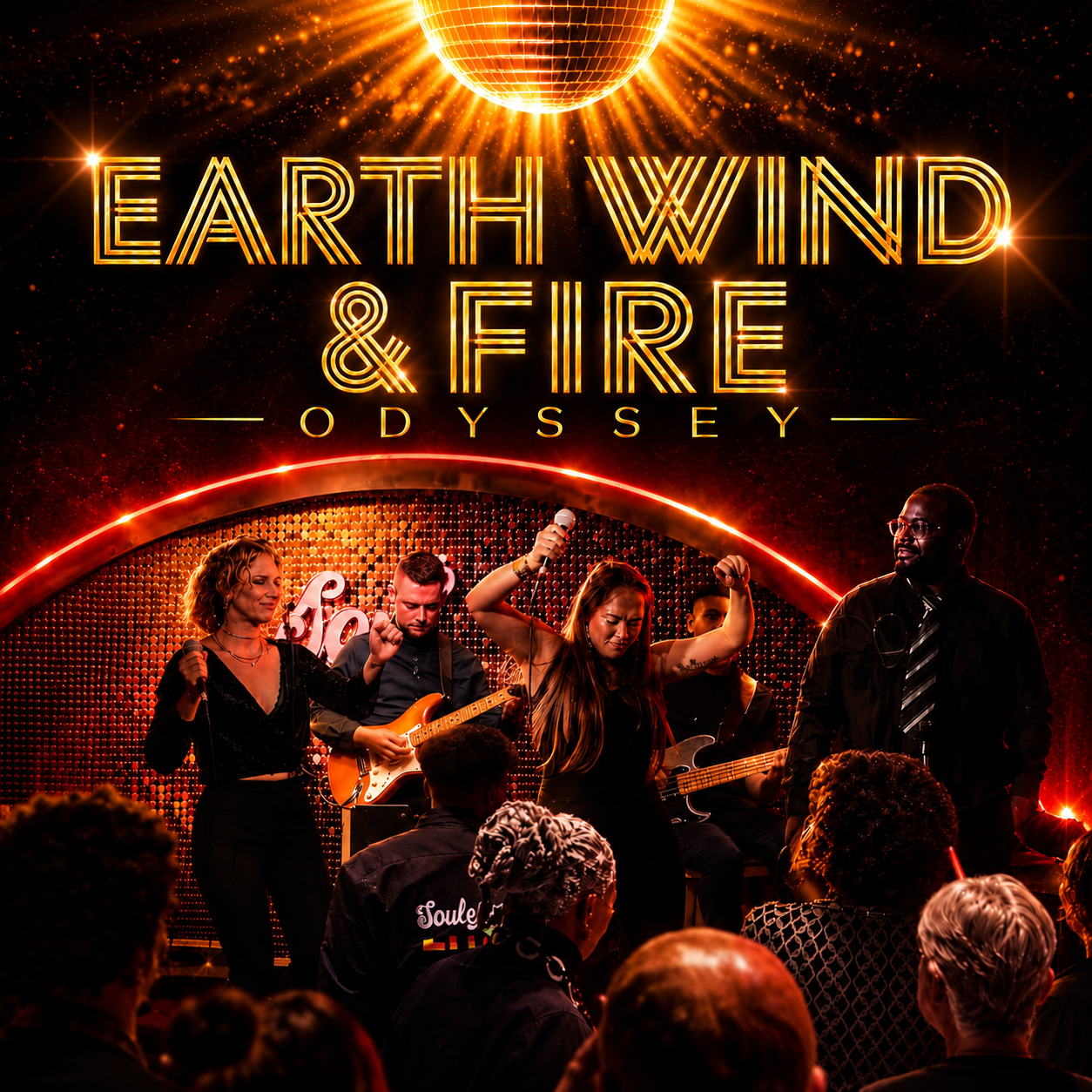 A live music performance titled 'Earth, Wind & Fire Odyssey' featuring a band with a female vocalist, two guitarists, a bassist, and a male vocalist on stage. Audience members are visible in the foreground, and the stage is decorated with bright, neon-like lights and a disco ball at the top.