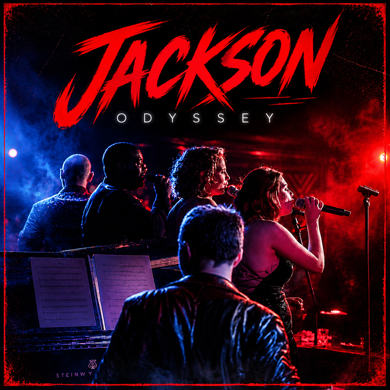 Promotional poster for 'Jackson Odyssey' featuring a band performing live on stage, with five vocalists singing into microphones and a pianist in the foreground, under dramatic red and blue stage lighting.