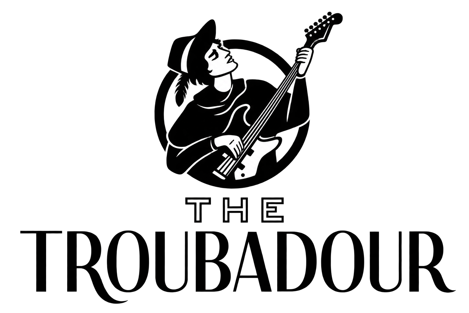 A black and white illustration of a person playing an electric guitar with a dark background.