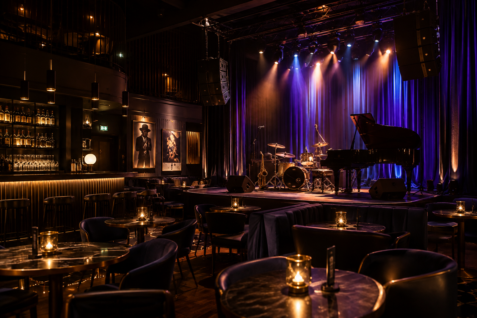 Empty jazz club with a stage featuring a drum set, grand piano, and microphone stands, illuminated by warm stage lights, with tables and chairs set for guests, and ambient candle lighting.