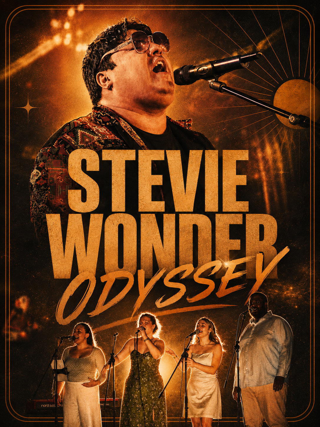 Image of a singer singing into a microphone with sunglasses, alongside three female singers and a male singer, set against a cosmic background with stars and a sun, with the text 'Stevie Wonder Odyssey' in bold, prominent lettering.