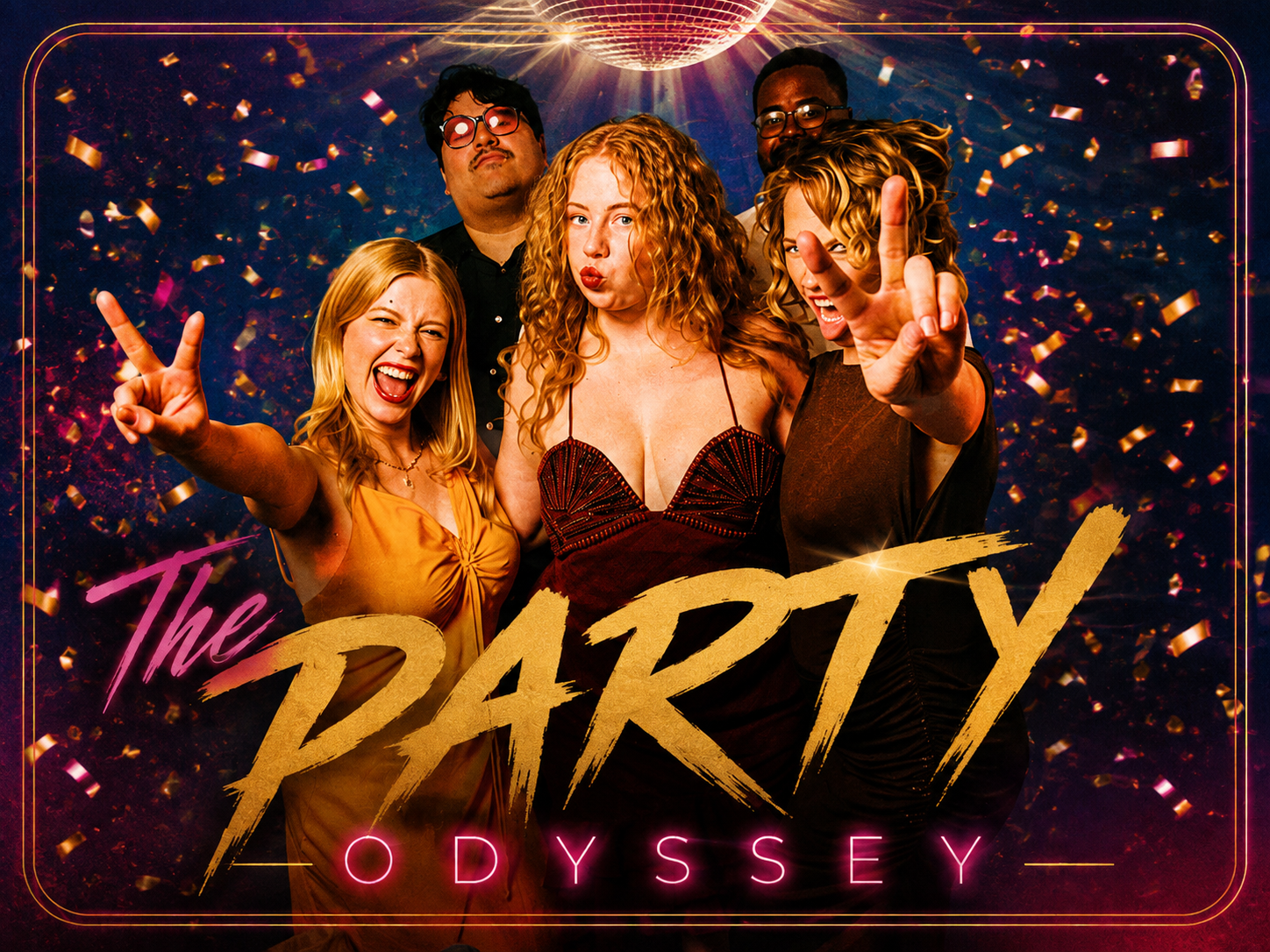 Group of five people dressed in party attire, celebrating at a disco-themed event with confetti and a disco ball ceiling in the background, promotional poster for "The Party Odyssey".