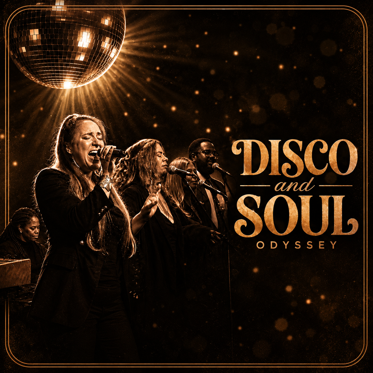 A group of singers performing on stage with a disco ball overhead, with the text 'Disco and Soul Odyssey' on the right side.
