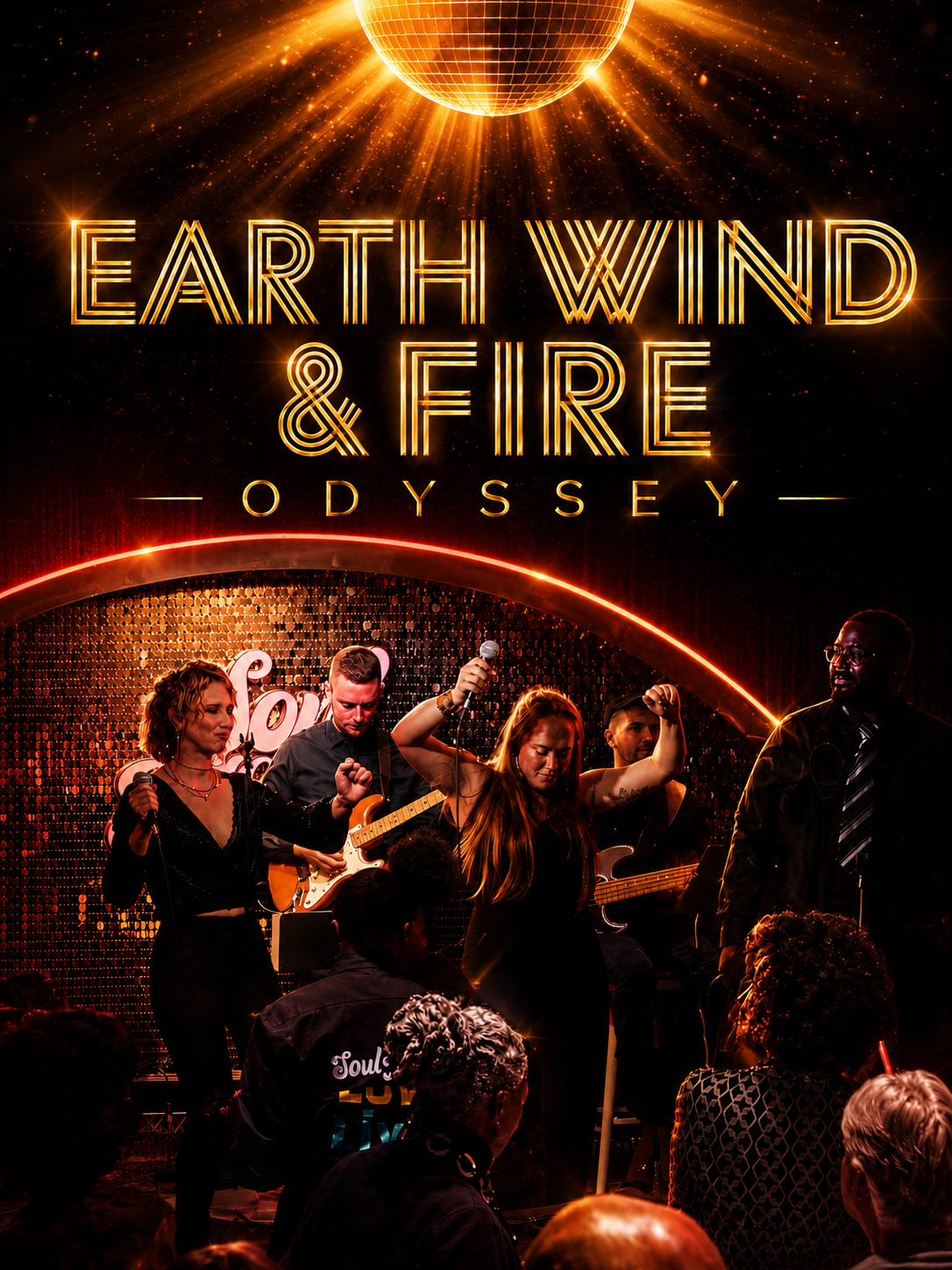 Show poster for 'Earth Wind & Fire Odyssey' featuring a live performance with a band on stage, illuminated by warm, fiery lighting, with an audience in the foreground.