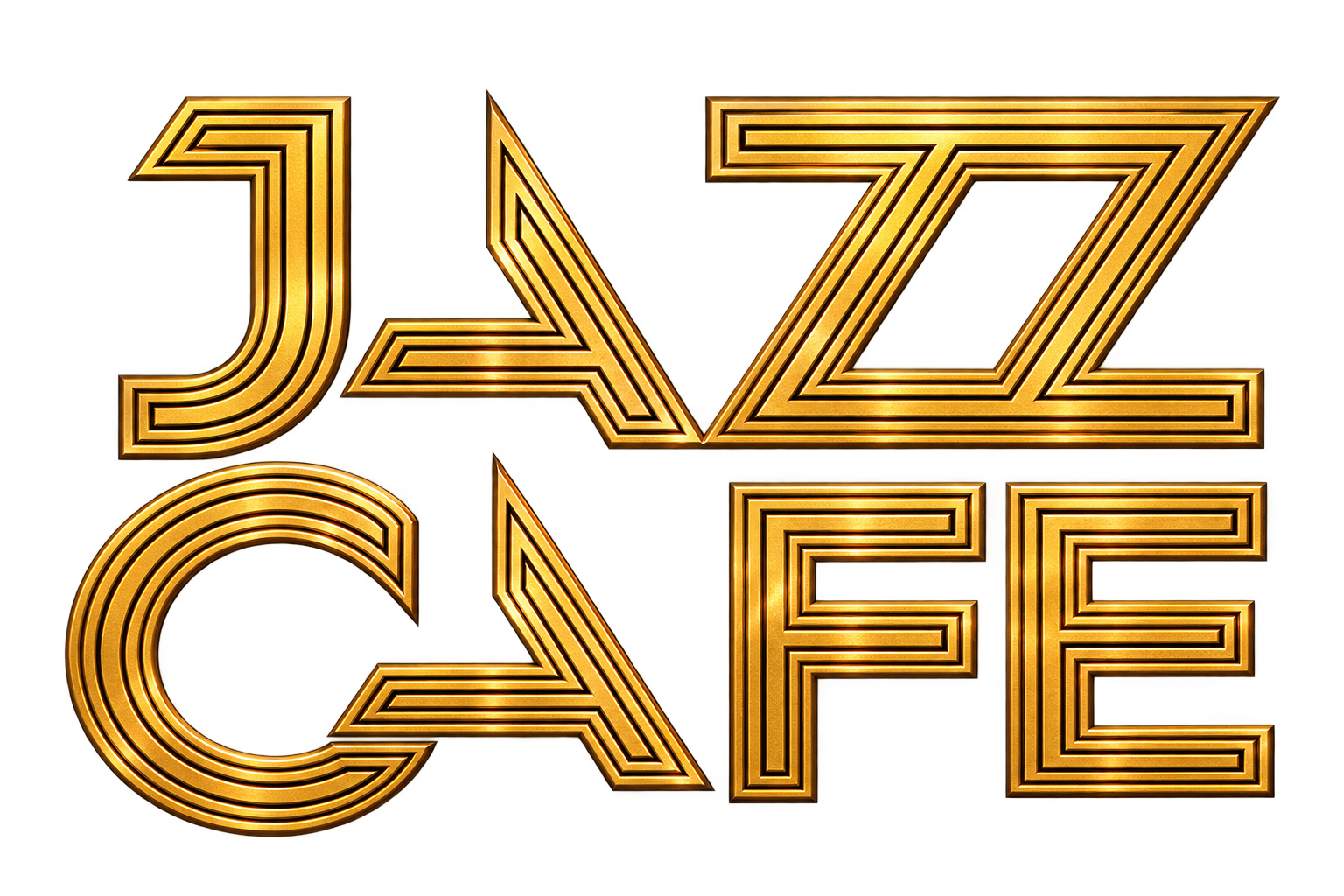 Golden 3D text spelling 'JAZZ CAFE' with bold, outlined letters on a dark background.