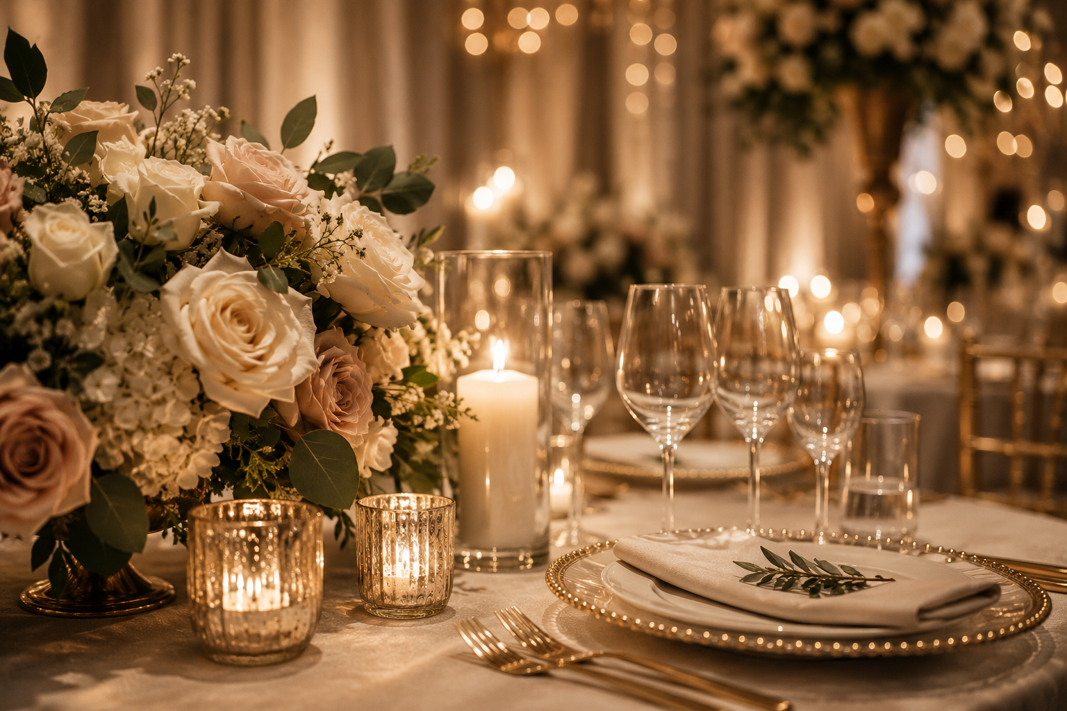 Elegant table setting with a large floral centerpiece of white and blush roses, hydrangeas, and greenery, lit by candles in gold and clear holders, set with wine glasses, water glasses, a charger plate with a napkin and green leaves, in a warmly lit event space.