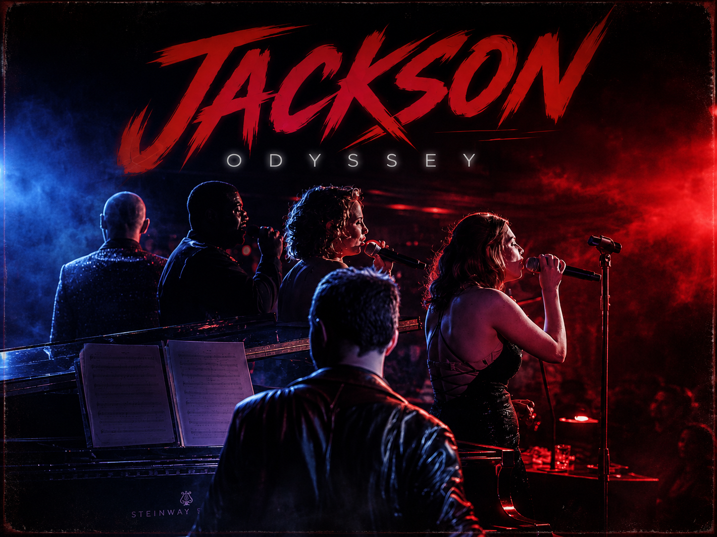 Actors performing on stage for the musical 'Jackson Odyssey' with a pianist and five singers, illuminated with blue and red stage lighting.