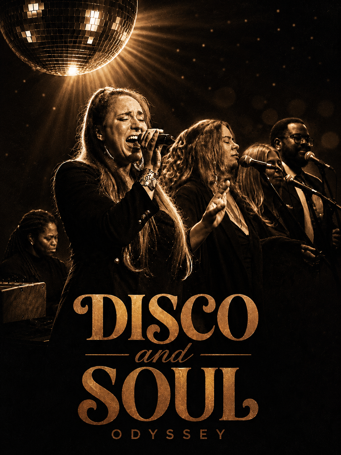A group of singers performing on stage with a disco ball overhead, under warm lighting. The text "Disco and Soul Odyssey" is overlayed at the bottom of the image.