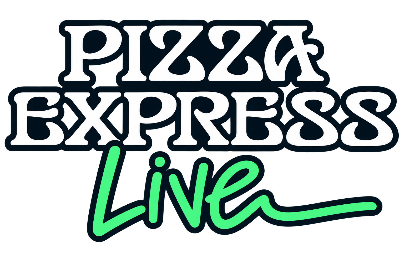 Neon sign reading 'Pizza Express Live' with 'Live' in green cursive and the other words in white block letters on a black background.