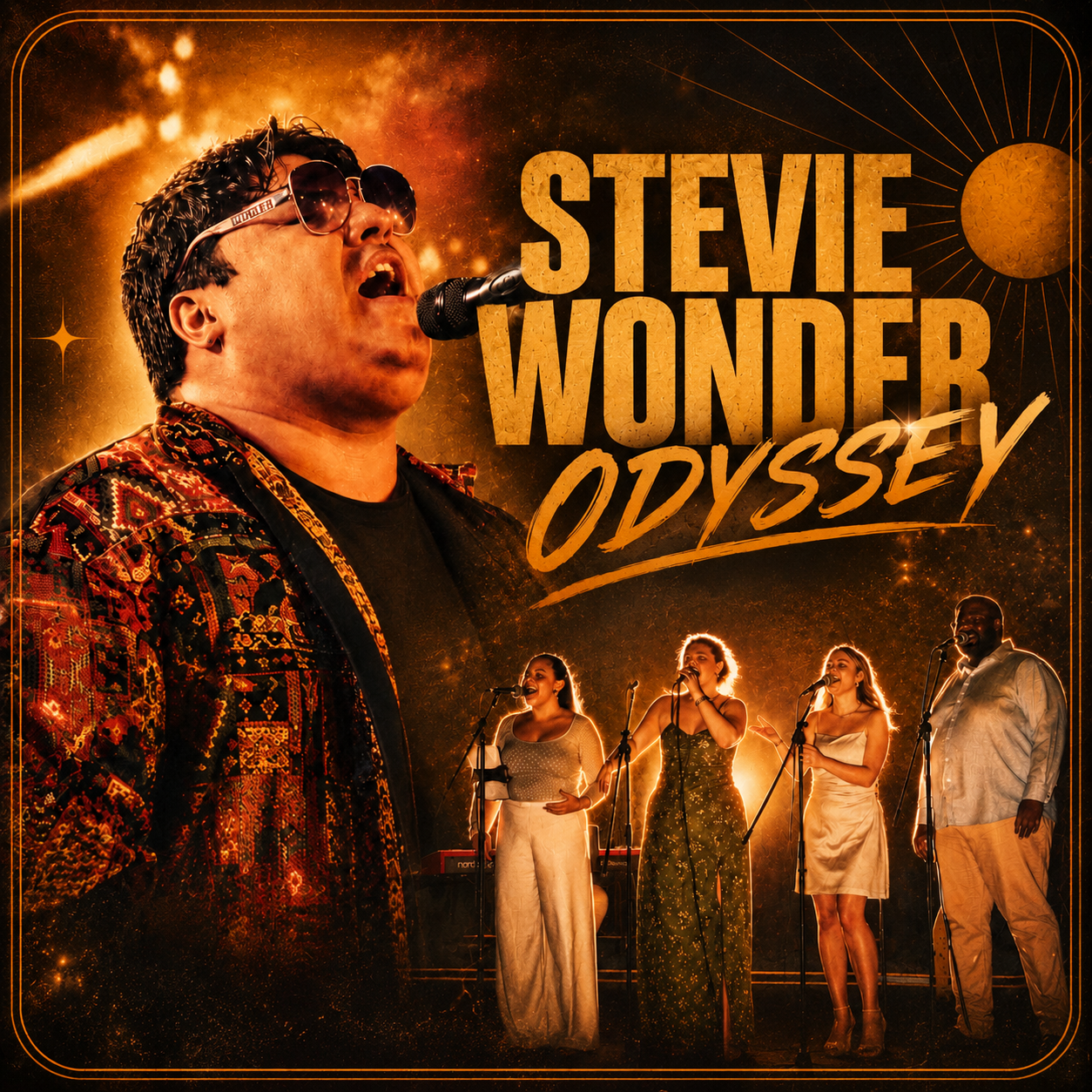 Poster of Stevie Wonder's concert titled "Odyssey" featuring a large image of Stevie Wonder singing into a microphone with four backup singers on stage in the background.