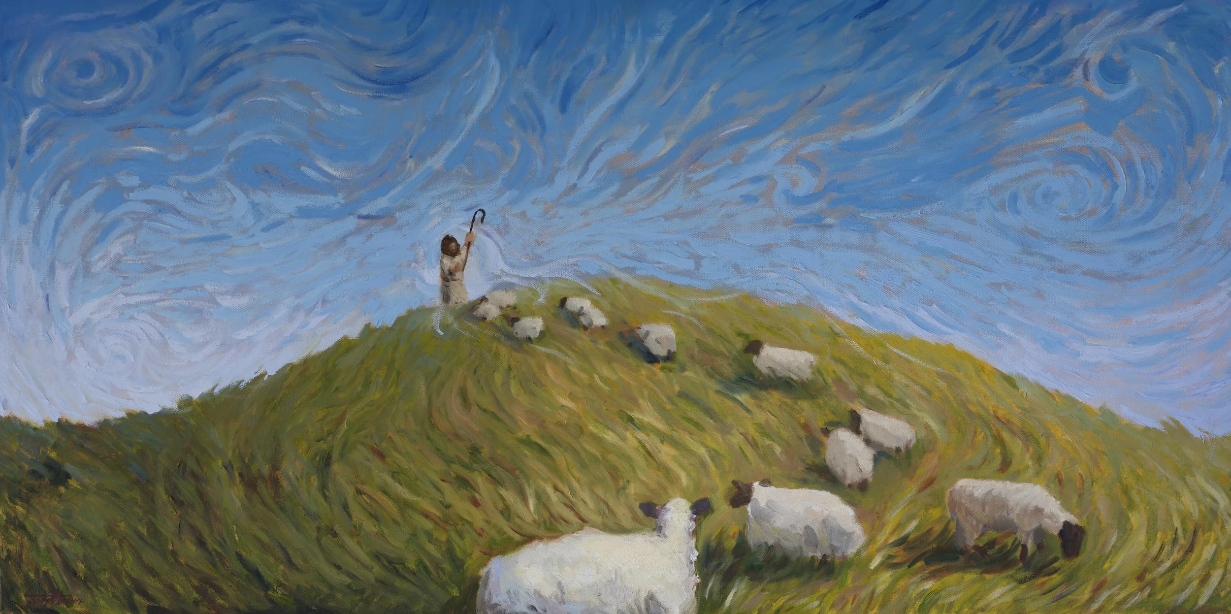 A painting of a person holding a shepherd's crook standing on a green hill with white sheep grazing around, under a swirling blue sky.