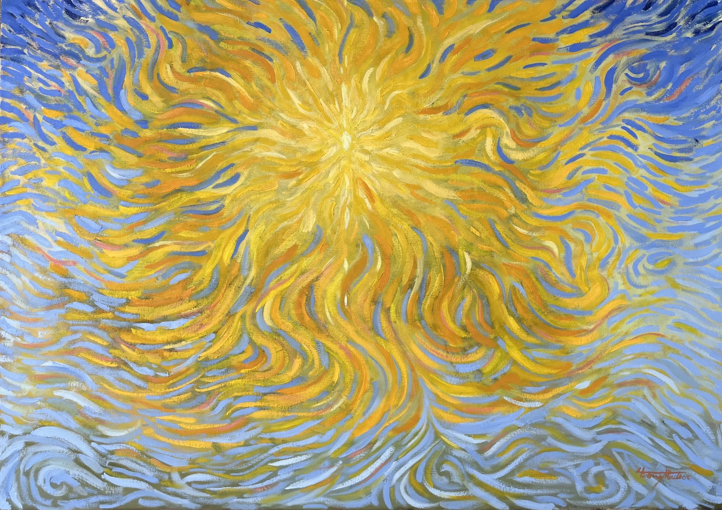 An abstract painting with a bright yellow and orange center surrounded by swirling blue and gold brushstrokes.