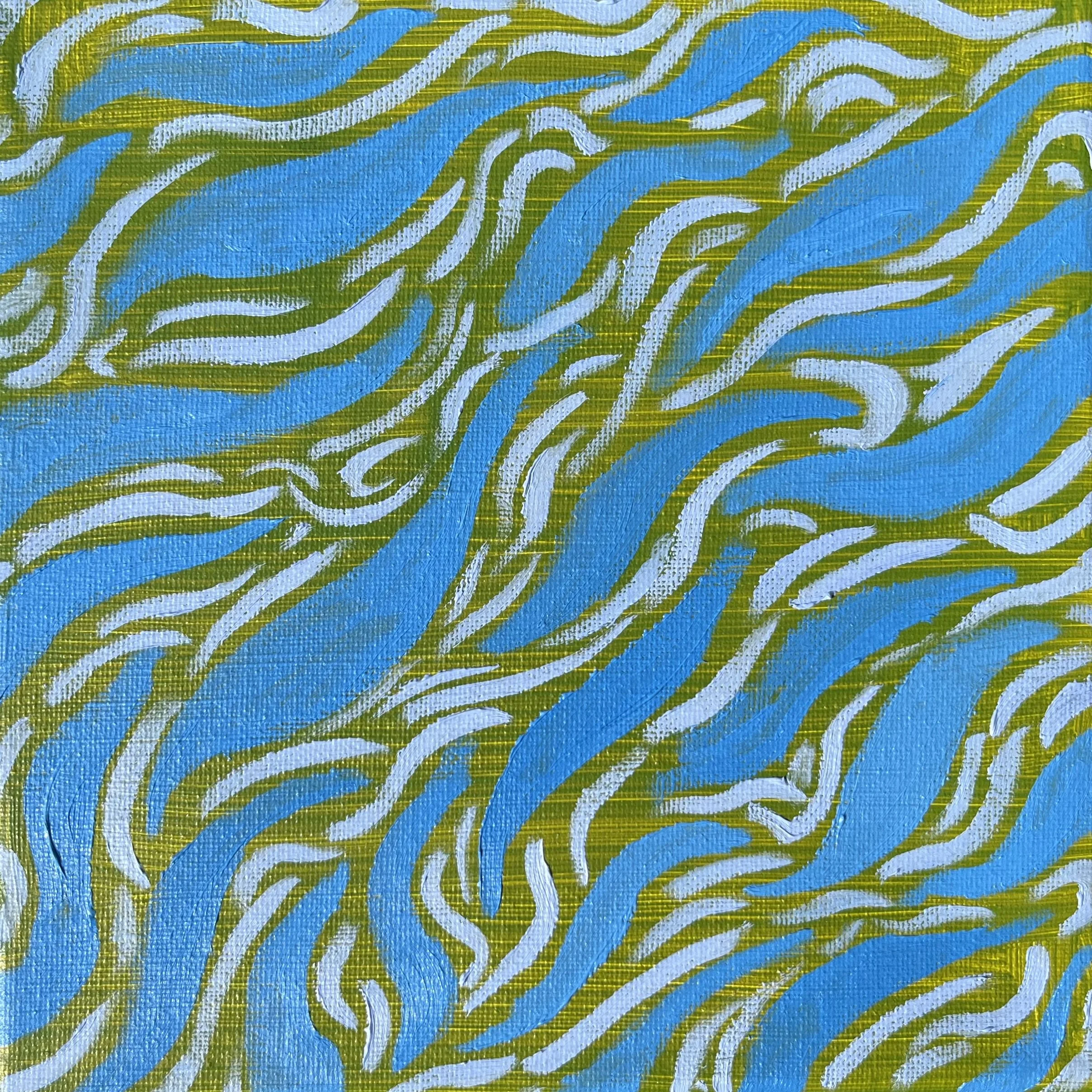 Close-up of an abstract painting with blue, green, and white wavy lines on a textured canvas.