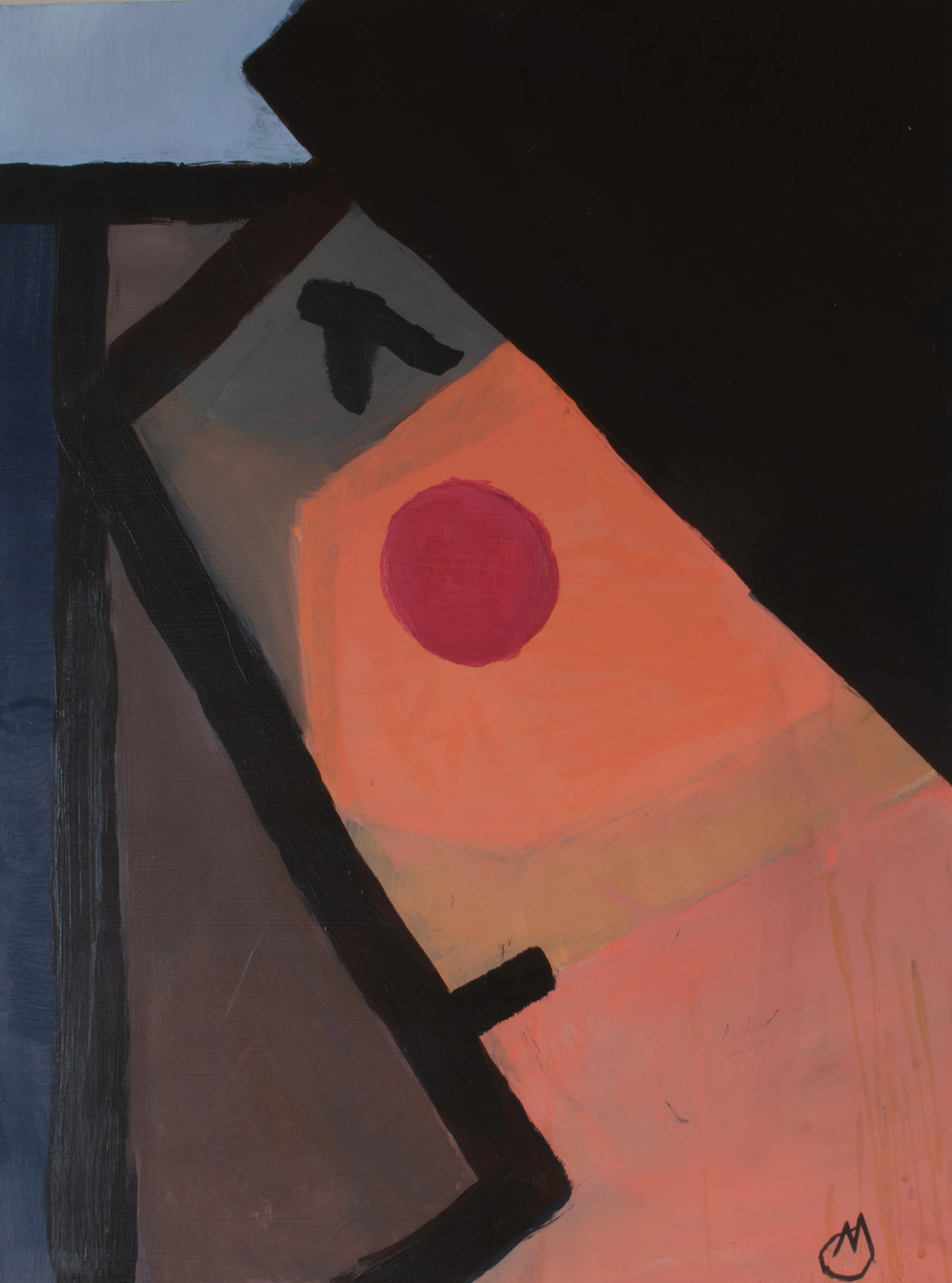 Abstract painting featuring geometric shapes with a red circle, a black triangle, and a square with a butterfly-like shape, using shades of black, gray, blue, and pink.