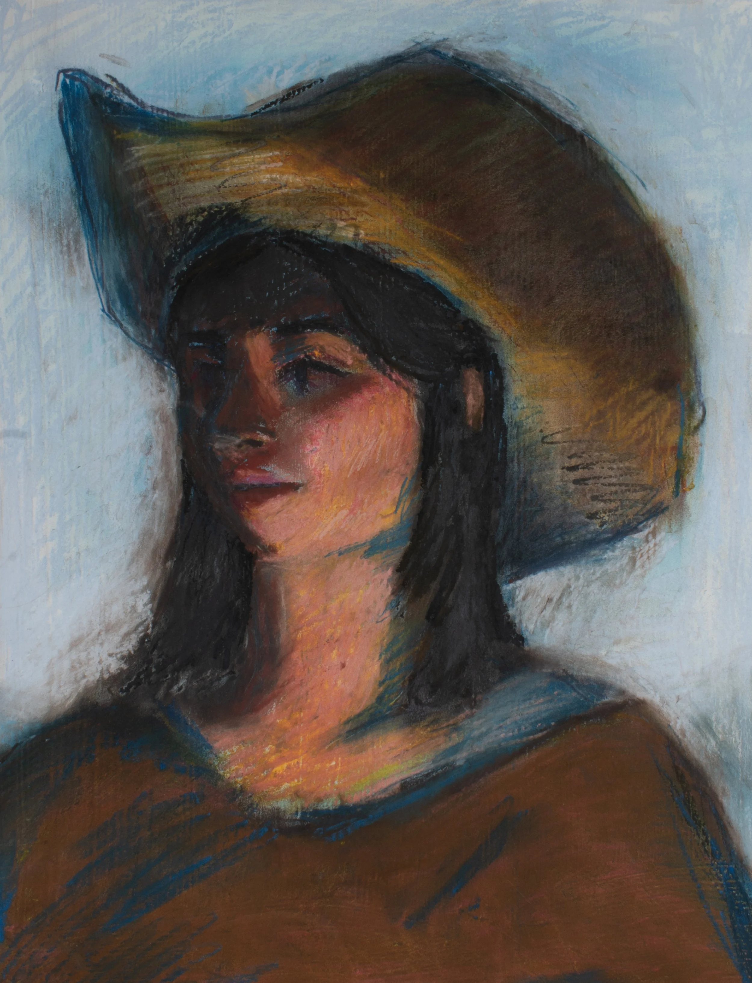 An impressionistic portrait of a woman wearing a large, wide-brimmed hat and a dark top. The painting emphasizes bold brushstrokes and vibrant colors, focusing on her face and expressive eyes.