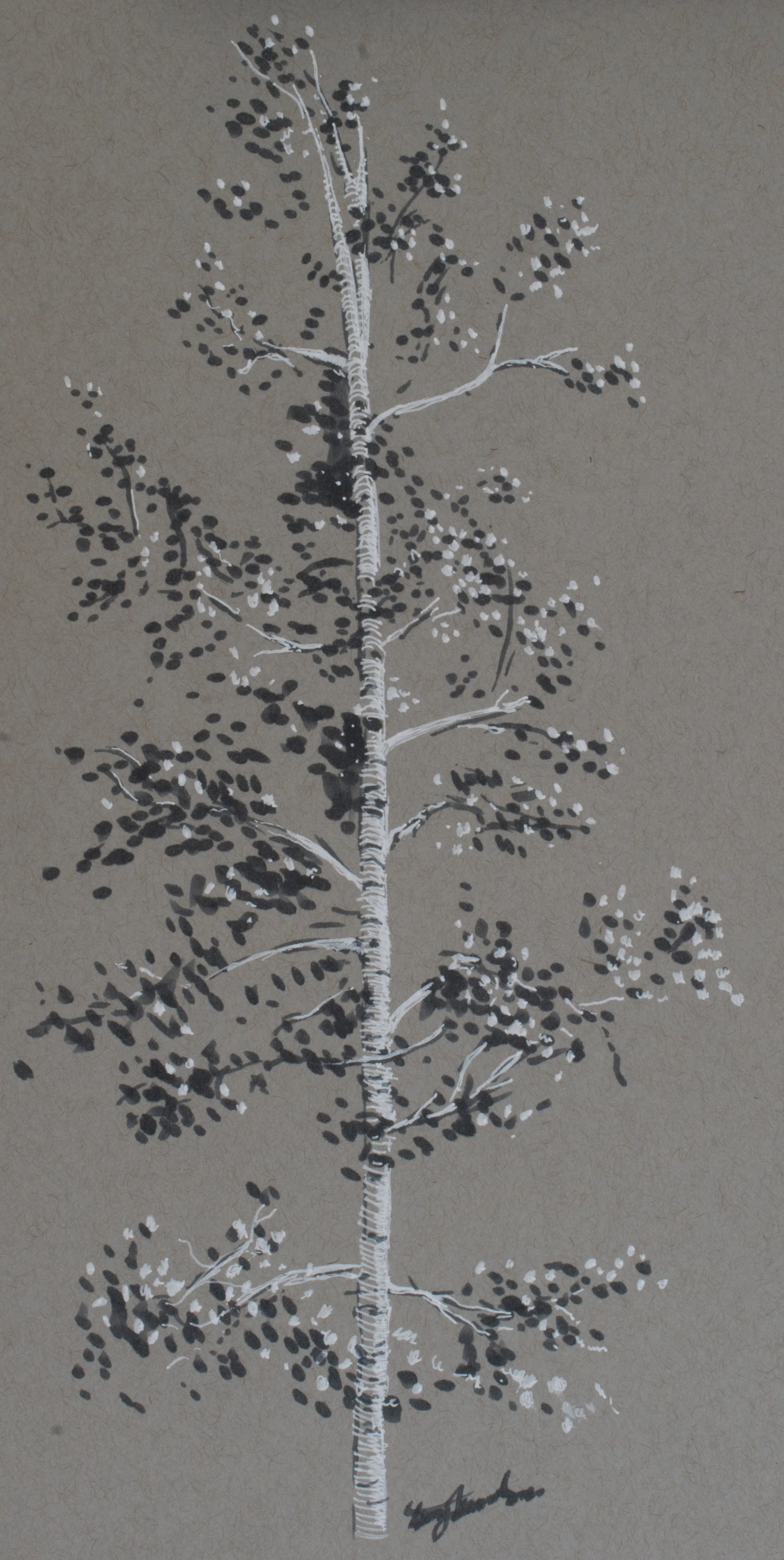 A stylized white and black illustration of a tall, slender tree with sparse branches and small leaves on a beige background.