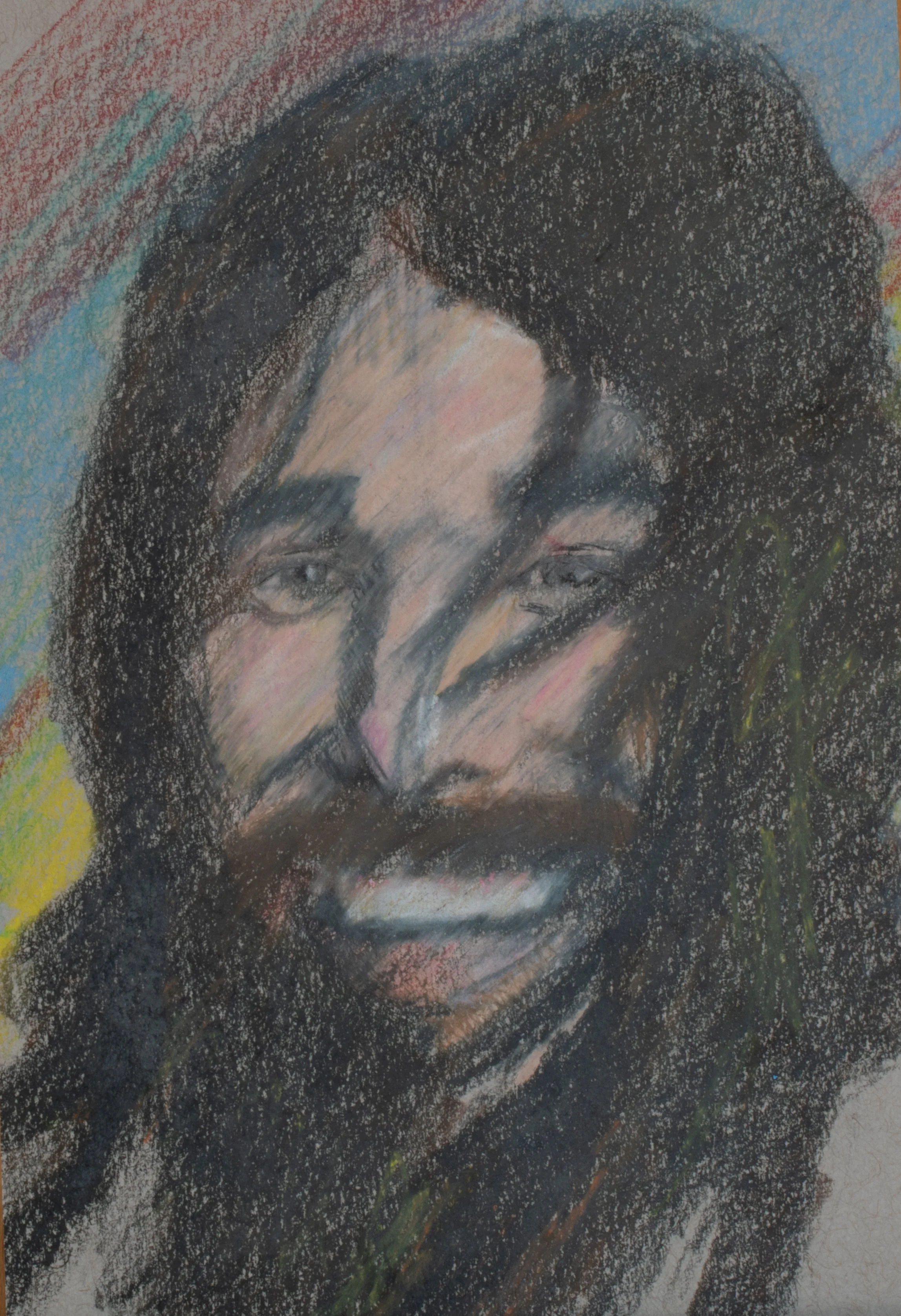 A pastel drawing of a person's face with long dark hair, partially obscured by scribbles and color streaks.