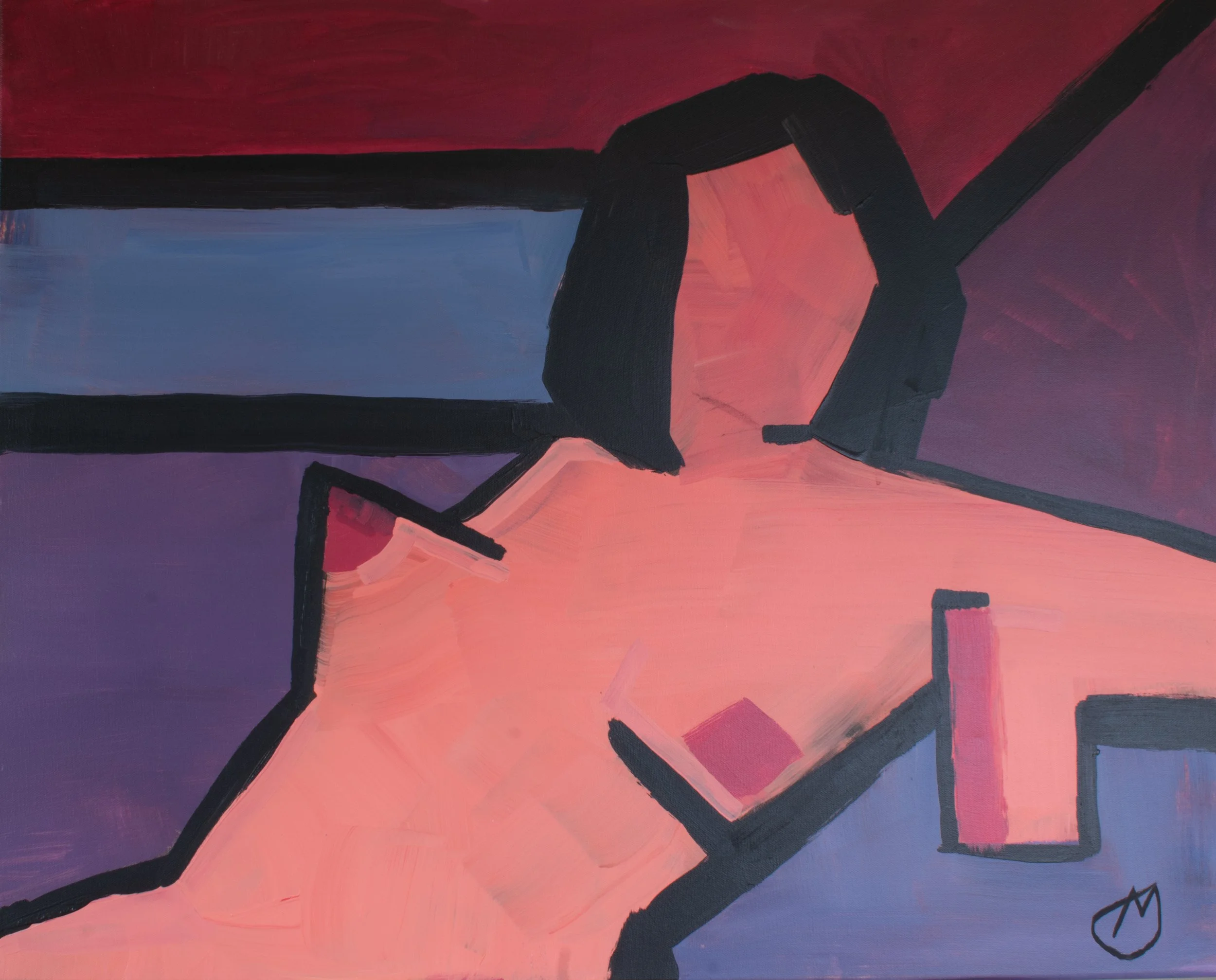Abstract painting with geometric shapes in shades of pink, purple, black, and blue.