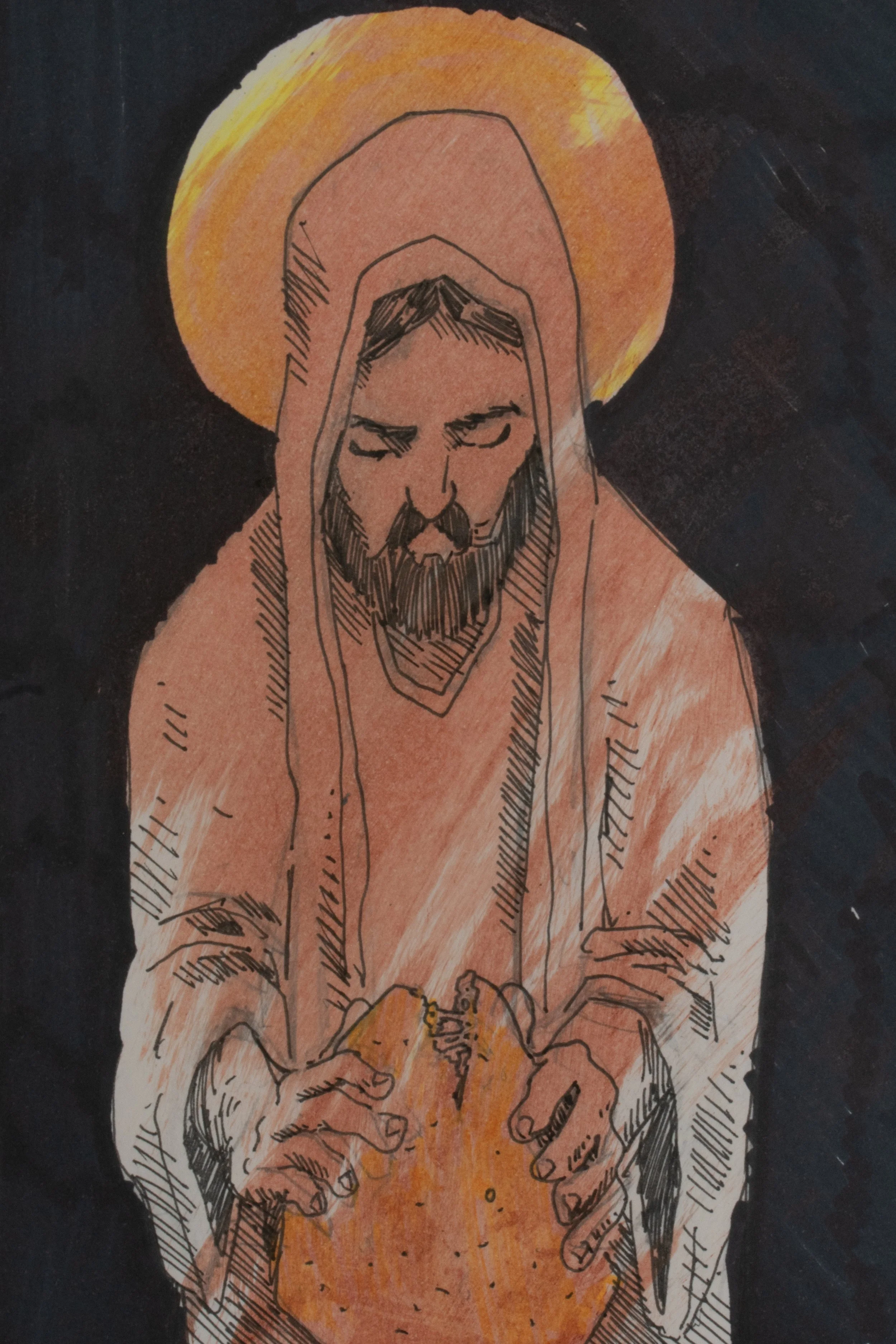 Drawing of Jesus Christ with a halo, holding a Communion wafer.