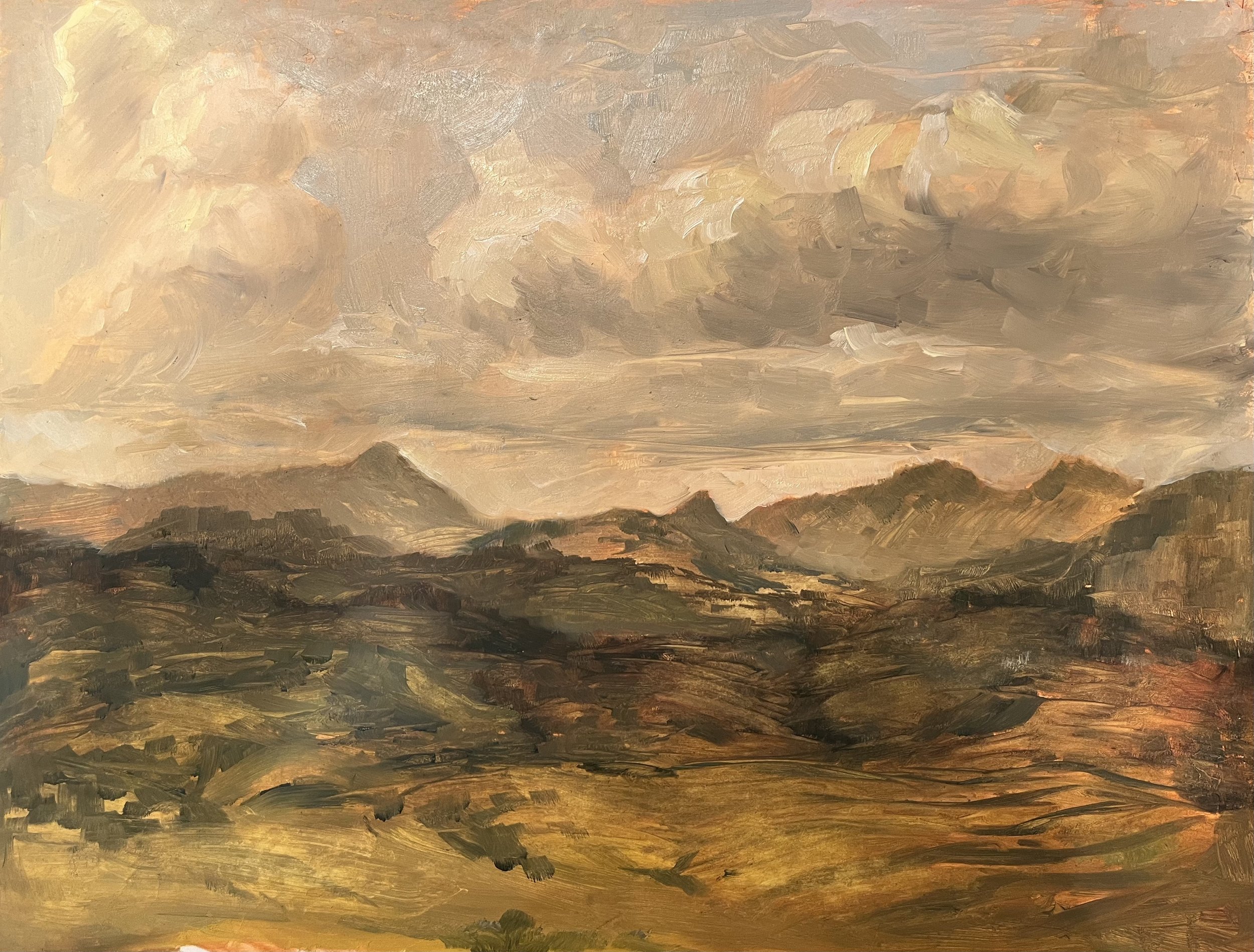 An impressionistic landscape painting depicting a sunset over mountains with warm, earthy tones and broad brushstrokes.