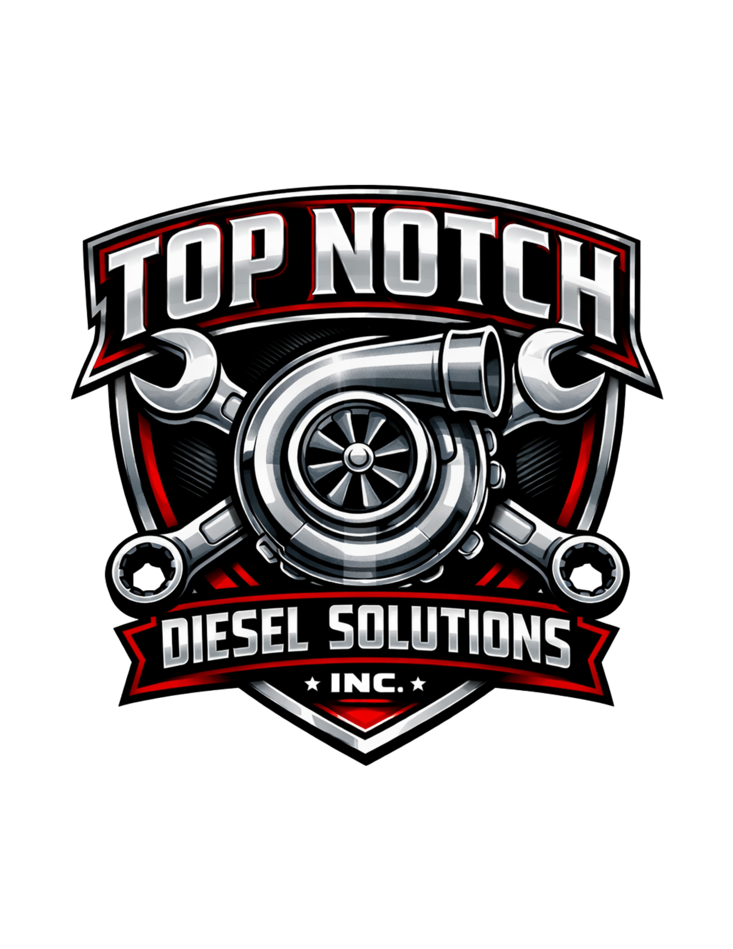 A logo for Top Notch Diesel Solutions Inc., featuring a stylized illustration of a turbocharger and bold text in metallic silver, black, and red colors.