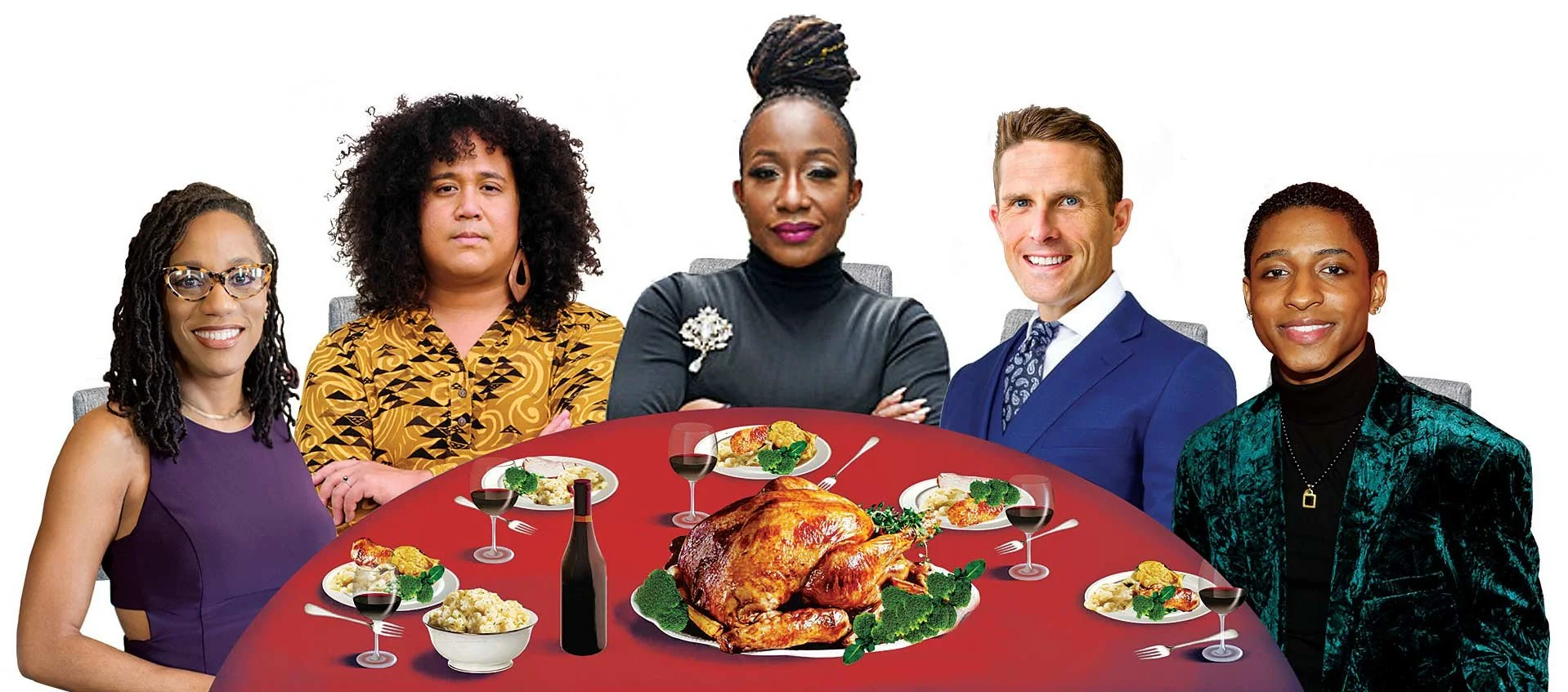 Cropped photo of several people sitting in a semi-circle around a red table with turkey and side food items