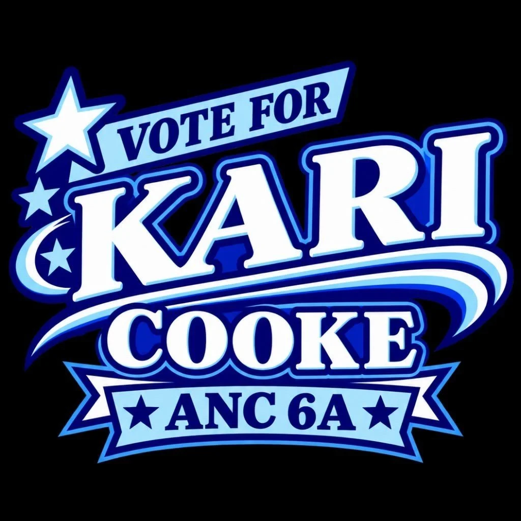 Light blue, white, and bright blue logo with the words "Vote for Kari Cooke ANC 6A" with swoops and stars