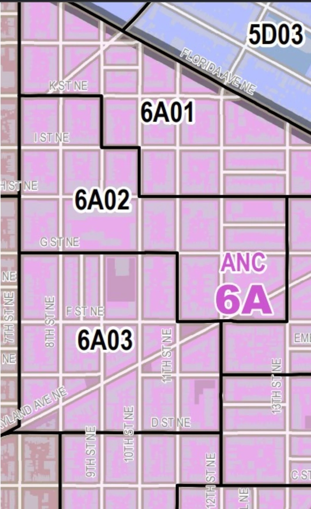 Pink map of the borders of Single Member District ANC6A02. Along H Street NE bordersed between 7th and 13th Streets