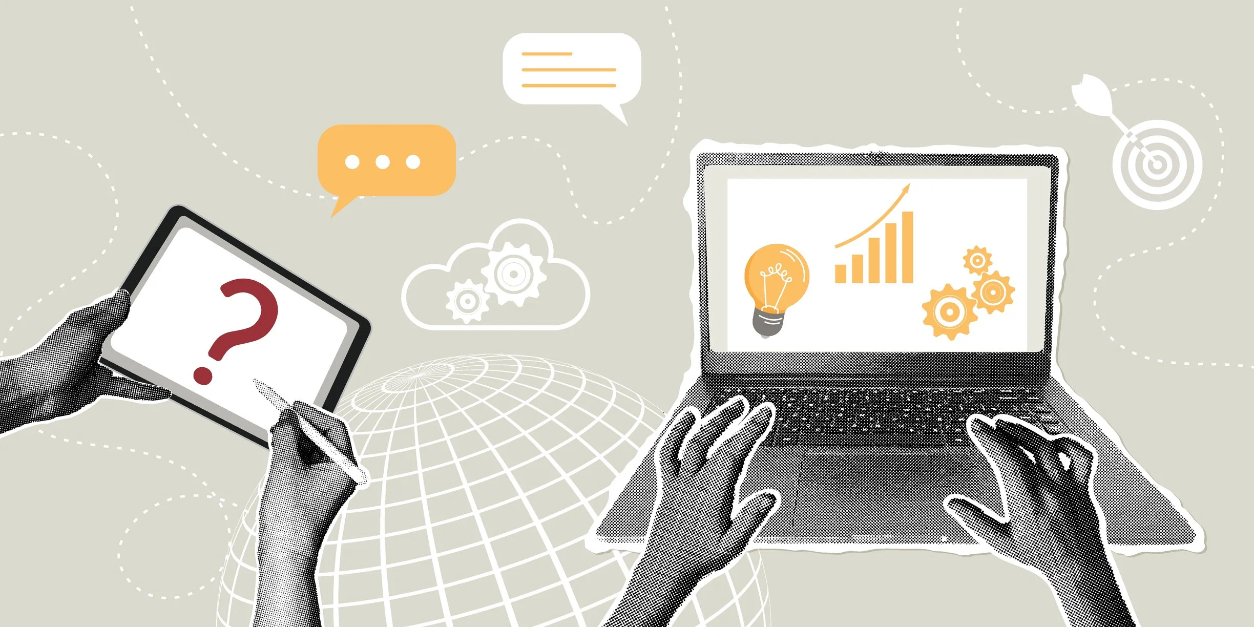 Digital illustration showing hands holding a smartphone with a question mark, and a laptop displaying a growth chart and gears, with various icons such as speech bubbles, gears, a lightbulb, and a globe in the background.