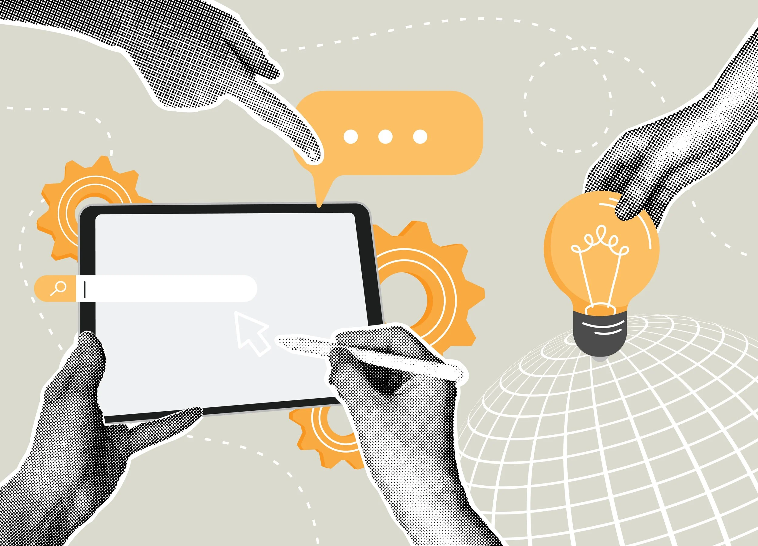 Illustration of hands holding a smartphone, with gears, a speech bubble, a light bulb, and a search bar around them, symbolizing ideas and technology.