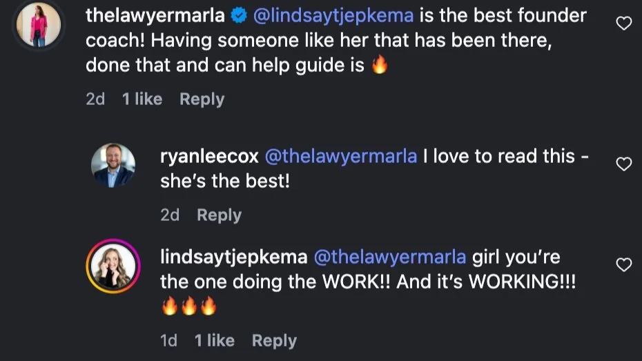 Sometimes you're tired and wondering if you're making an impact and one of the founders you're working with posts this...

@thelawyermarla might win the record for fastest turnaround (less than 6 hours) from session to application to tangible results
