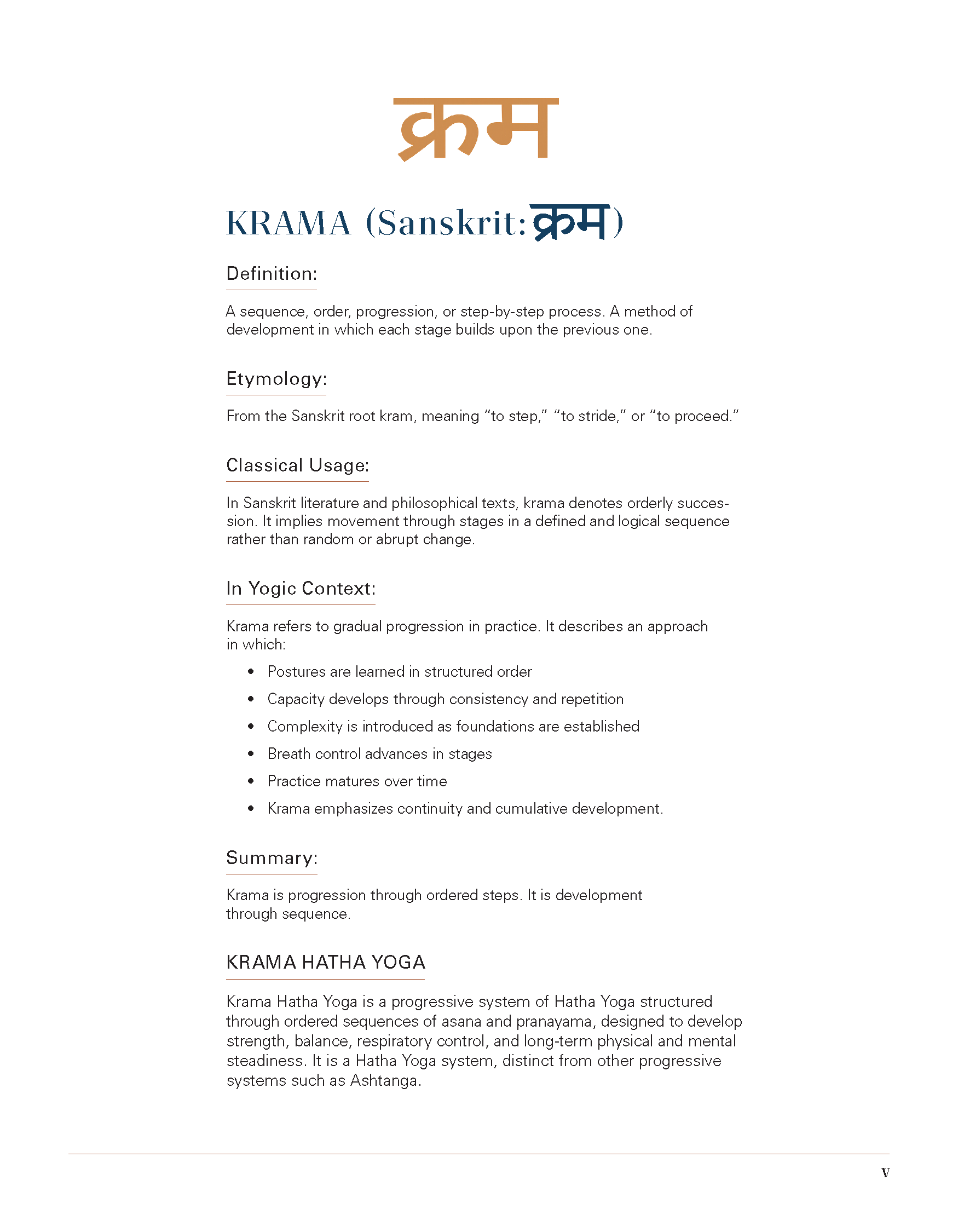 A page from a document or book explaining the concept of Krama, including its definition, etymology, classical usage, and its application in yoga practices.