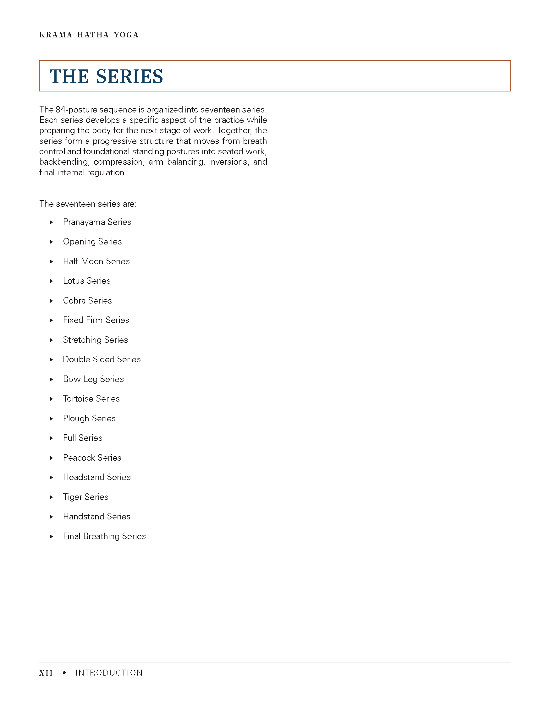 The image is a page from a book or document titled "Kramā Hatha Yoga". The title of this section is "The Series" and it contains a list of seventeen series such as Pranayama Series, Opening Series, Half Moon Series, Lotus Series, Cobra Series, Fixed 