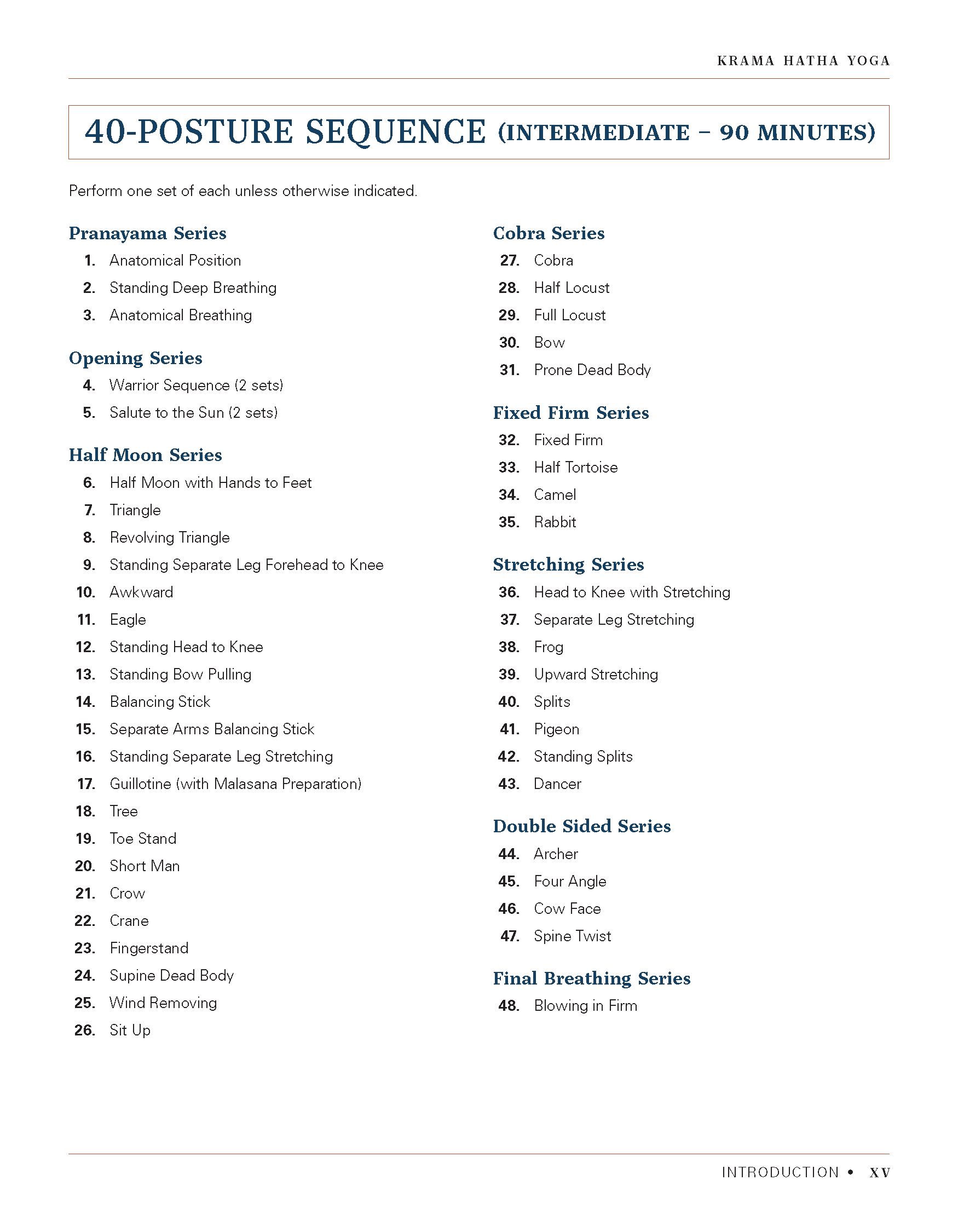 Yoga pose sequence page with titles of 40 yoga postures and series, including Pranayama, Cobra, Opening, Half Moon, Fixed Firm, Stretching, Double Sided, and Final Breathing series. The page is from a book or manual, with a faint page number at the b