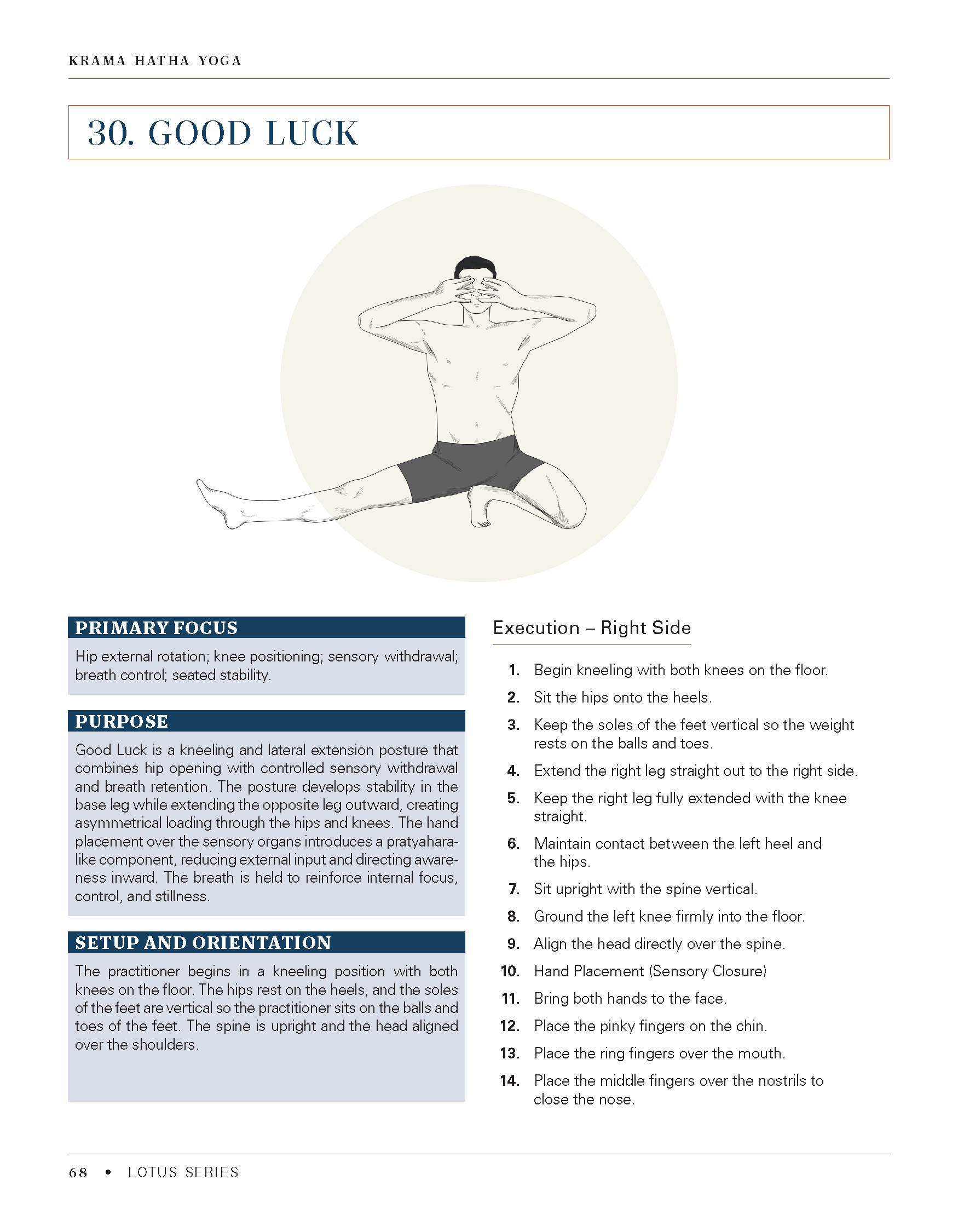 Illustration of a man in a kneeling yoga pose with his knees and feet on the floor, hands covering his eyes, and a large shaded circle behind him.