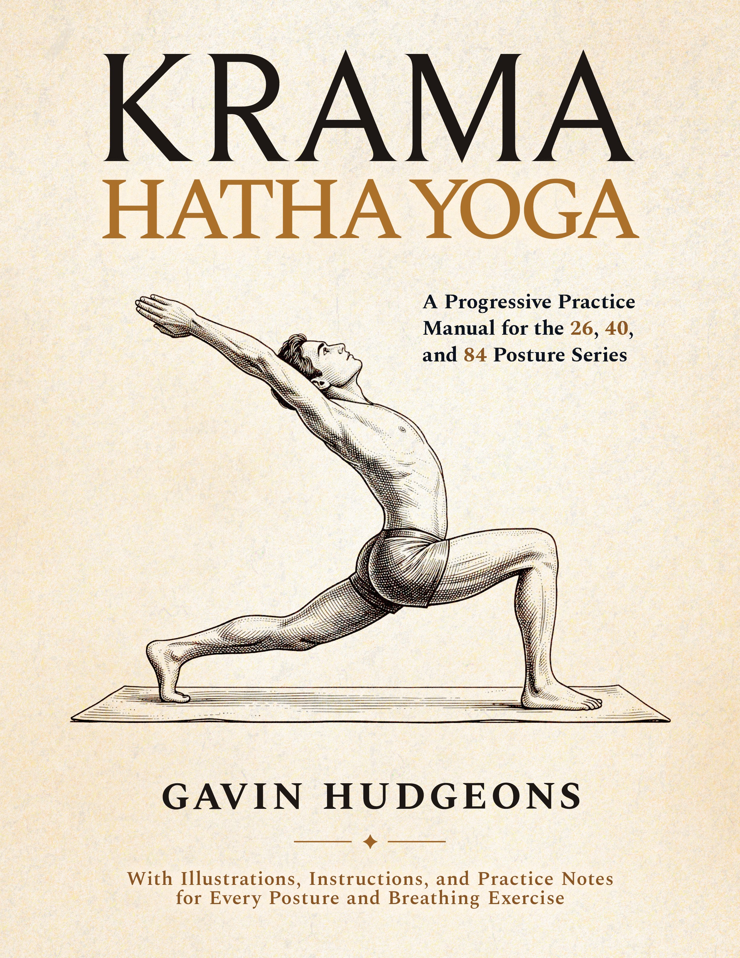 Cover of a book titled 'Karma Hatha Yoga' by Gavin Hudgeons, featuring an illustration of a person in a yoga pose with one arm extended forward and the other arm reaching back, on a textured beige background.