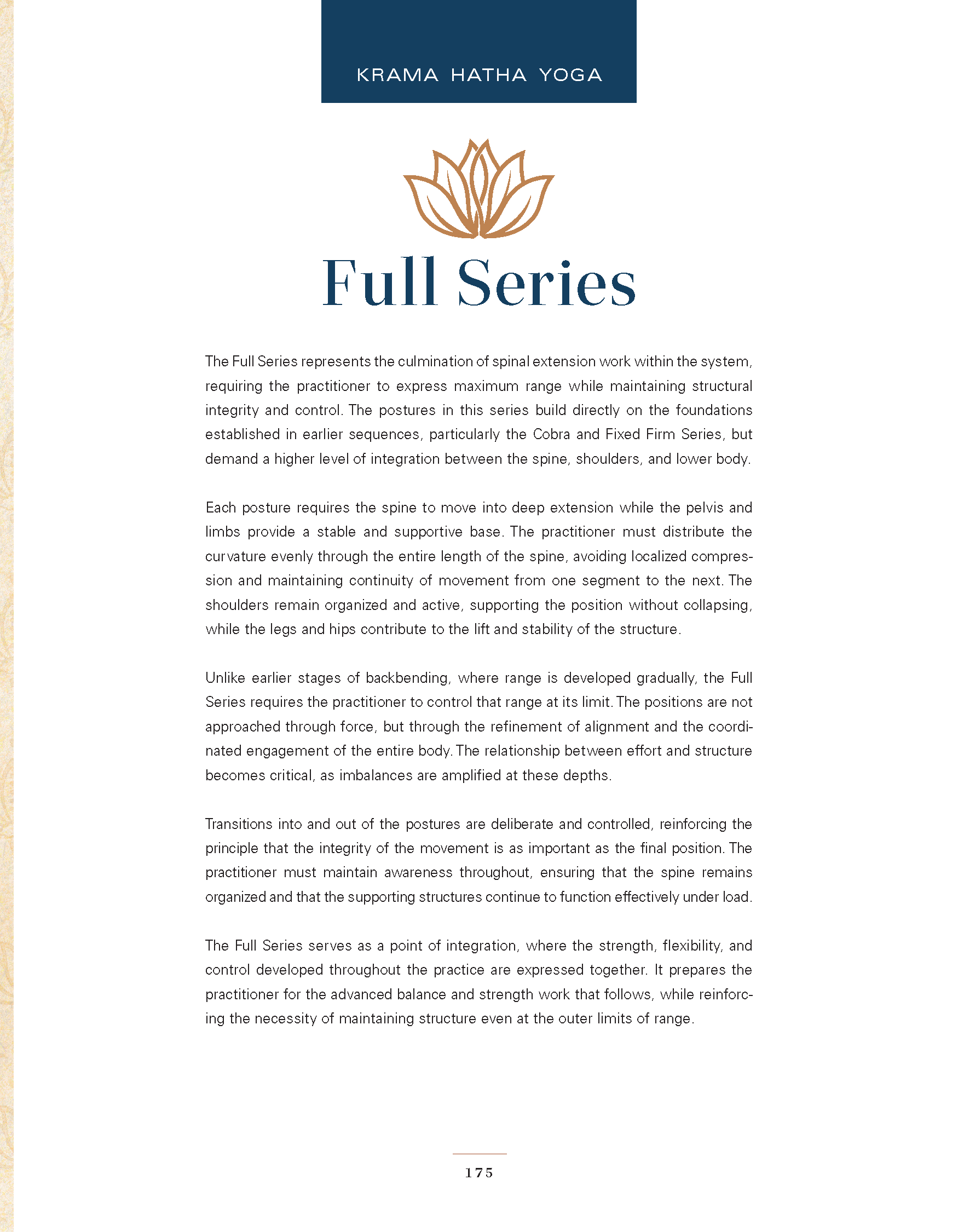 Page from a booklet or brochure titled 'Krama Hatha Yoga' with a logo of a stylized lotus flower and the heading 'Full Series' describing spinal extension work in yoga practice.
