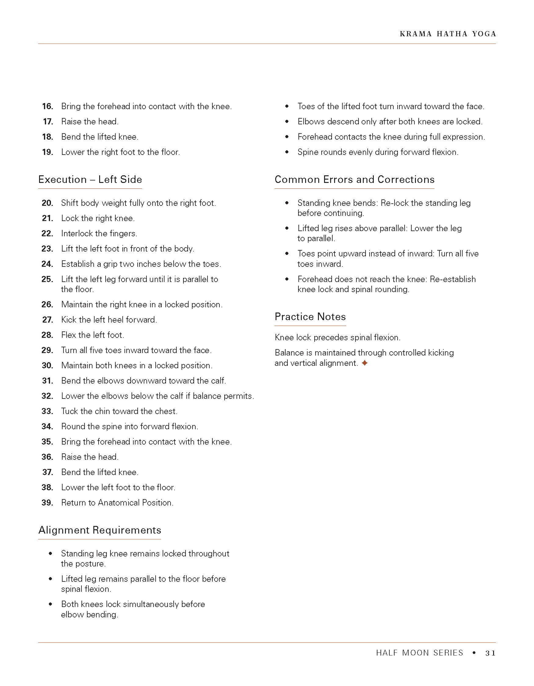 Page from a yoga instruction book titled "Krama Hatha Yoga." Contains numbered step-by-step instructions for various yoga poses and corrections, with a section heading "Execution - Left Side" and notes on alignment requirements. The page number is 31